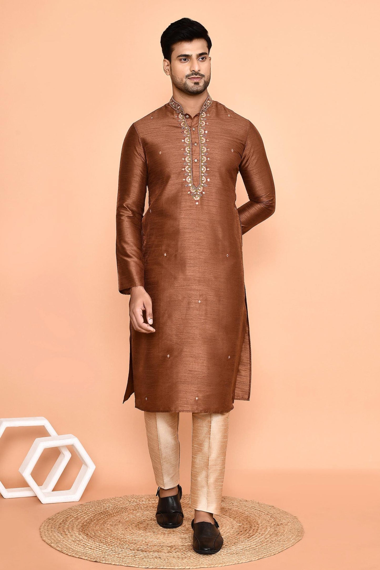 Kurta With Pant Brown Silk Embroidery Mini Flora