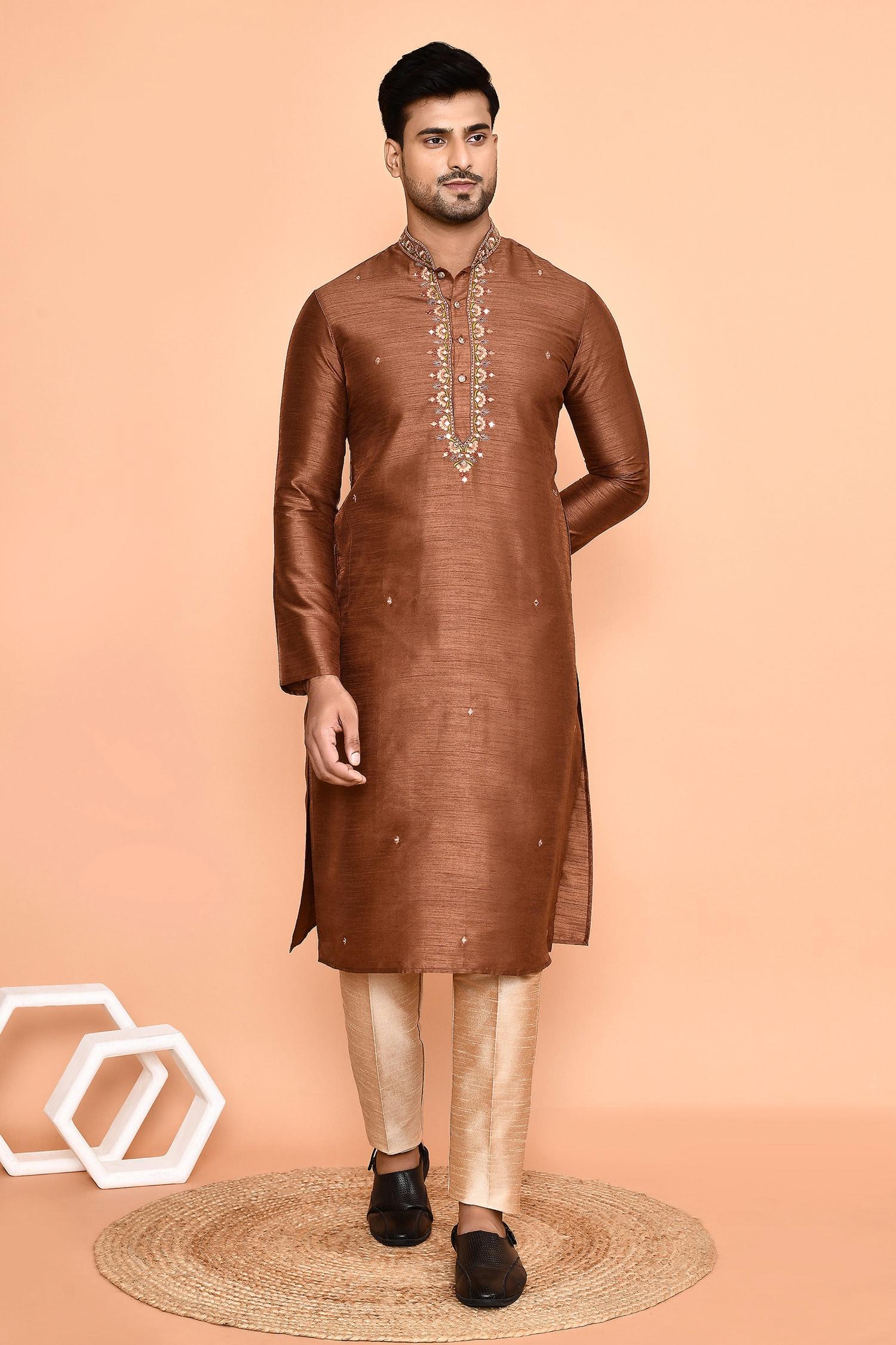 Kurta With Pant Brown Silk Embroidery Mini Flora