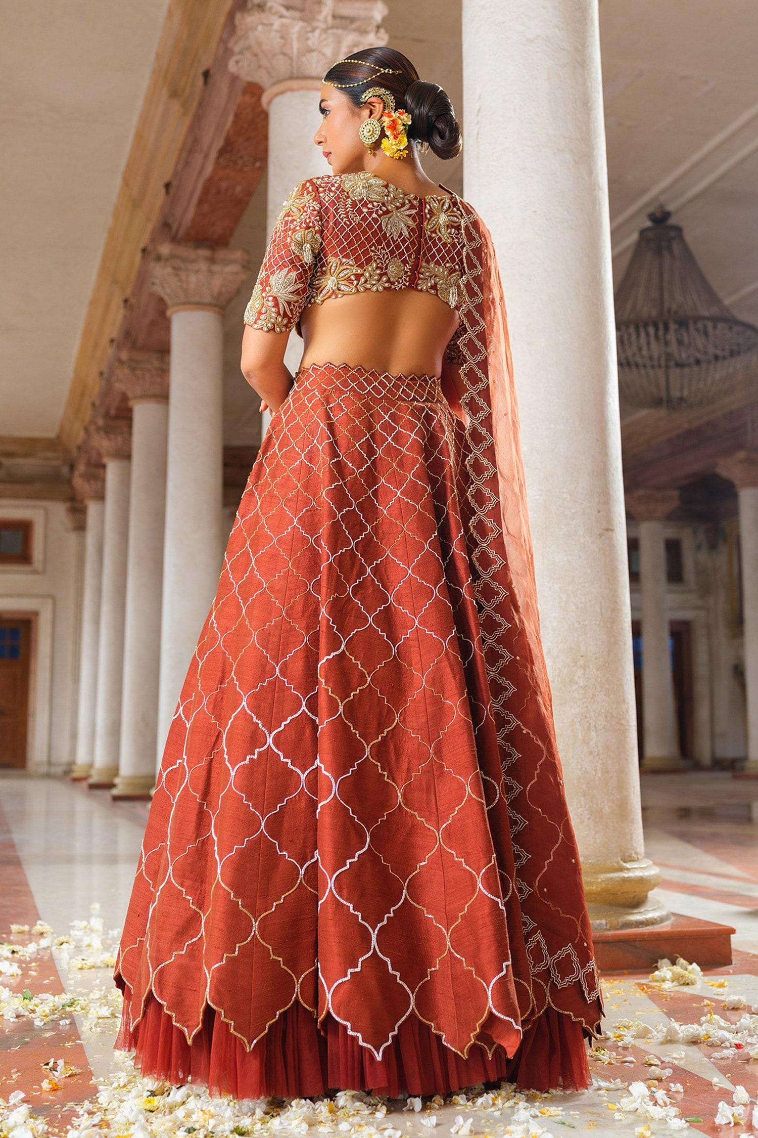 Brown Silk, Organza Cut Work High Neck Mughal Jaal Embroidered Lehenga Set - Designer Kurta Set