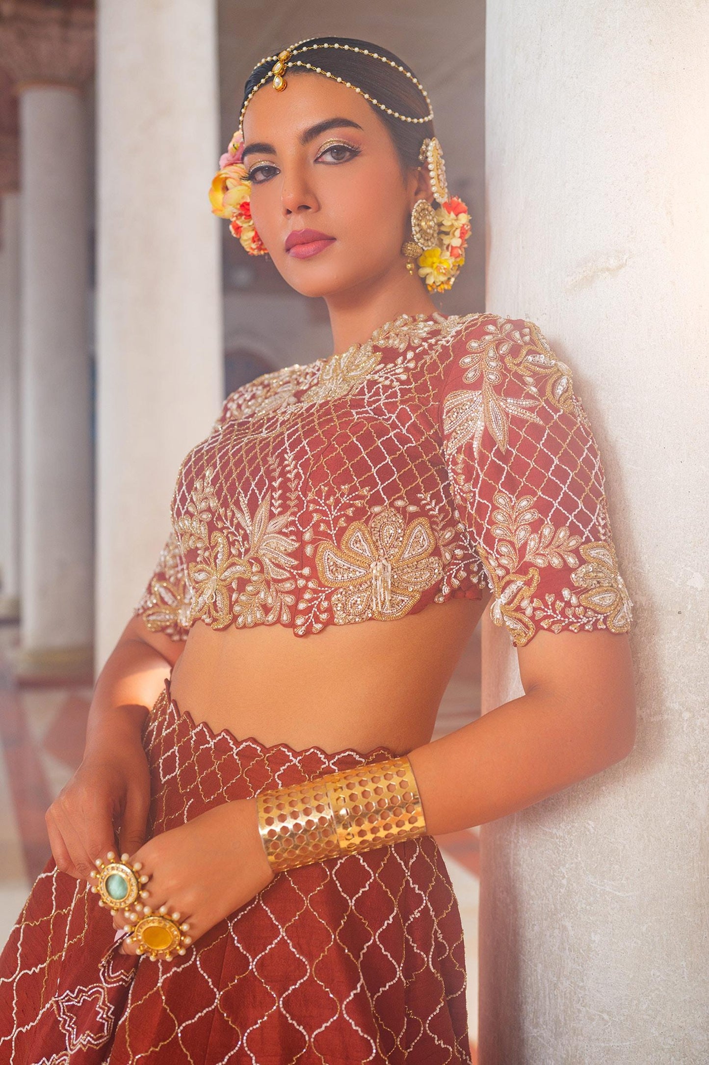 Brown Silk, Organza Cut Work High Neck Mughal Jaal Embroidered Lehenga Set - Designer Kurta Set