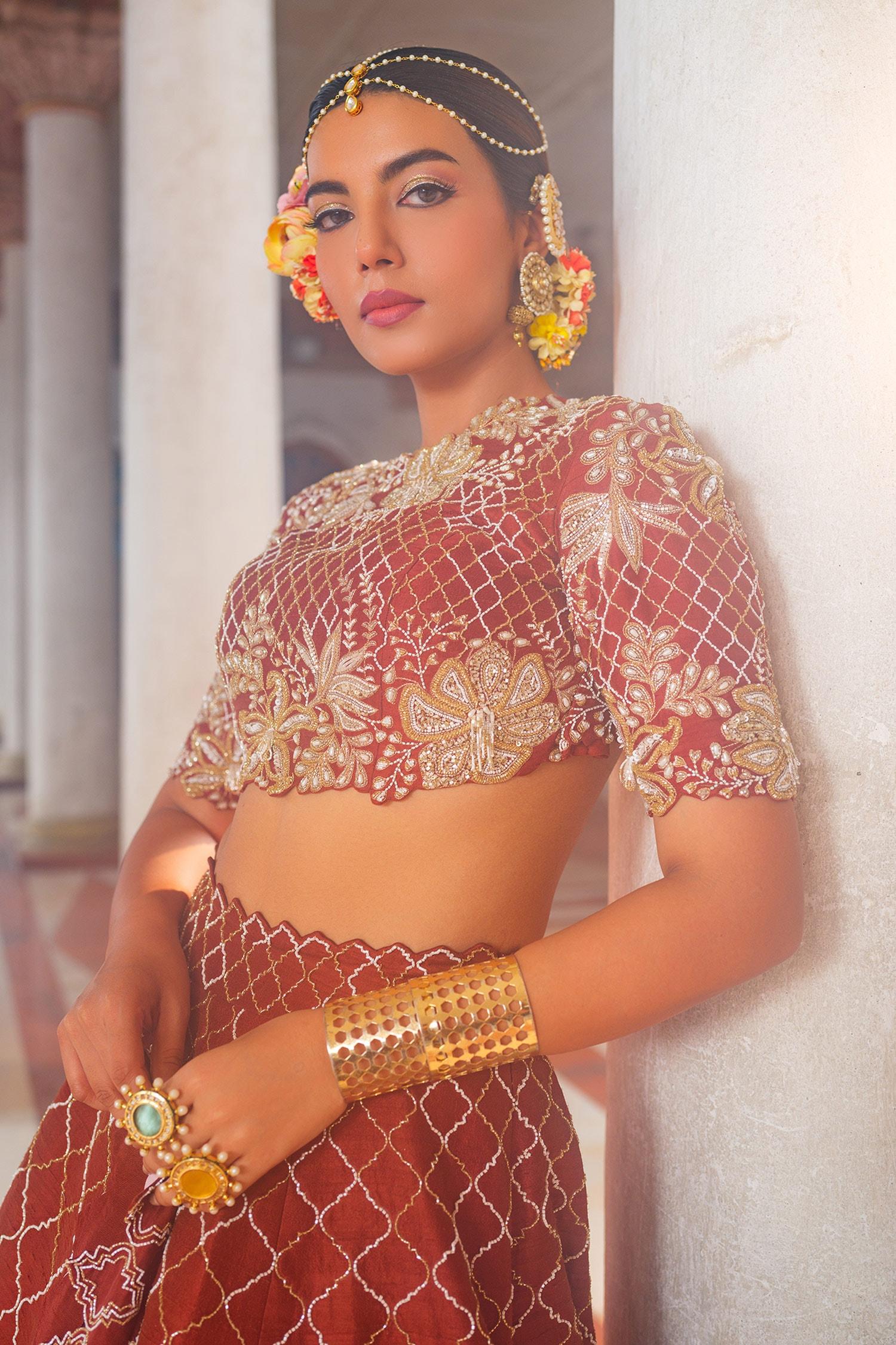 Brown Silk, Organza Cut Work High Neck Mughal Jaal Embroidered Lehenga Set - Designer Kurta Set