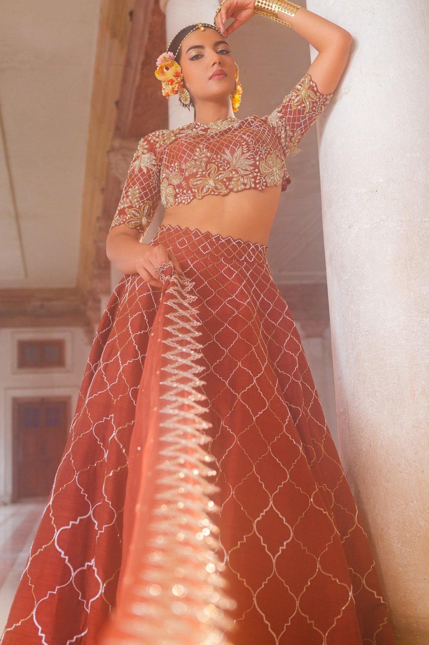 Brown Silk, Organza Cut Work High Neck Mughal Jaal Embroidered Lehenga Set - Designer Kurta Set