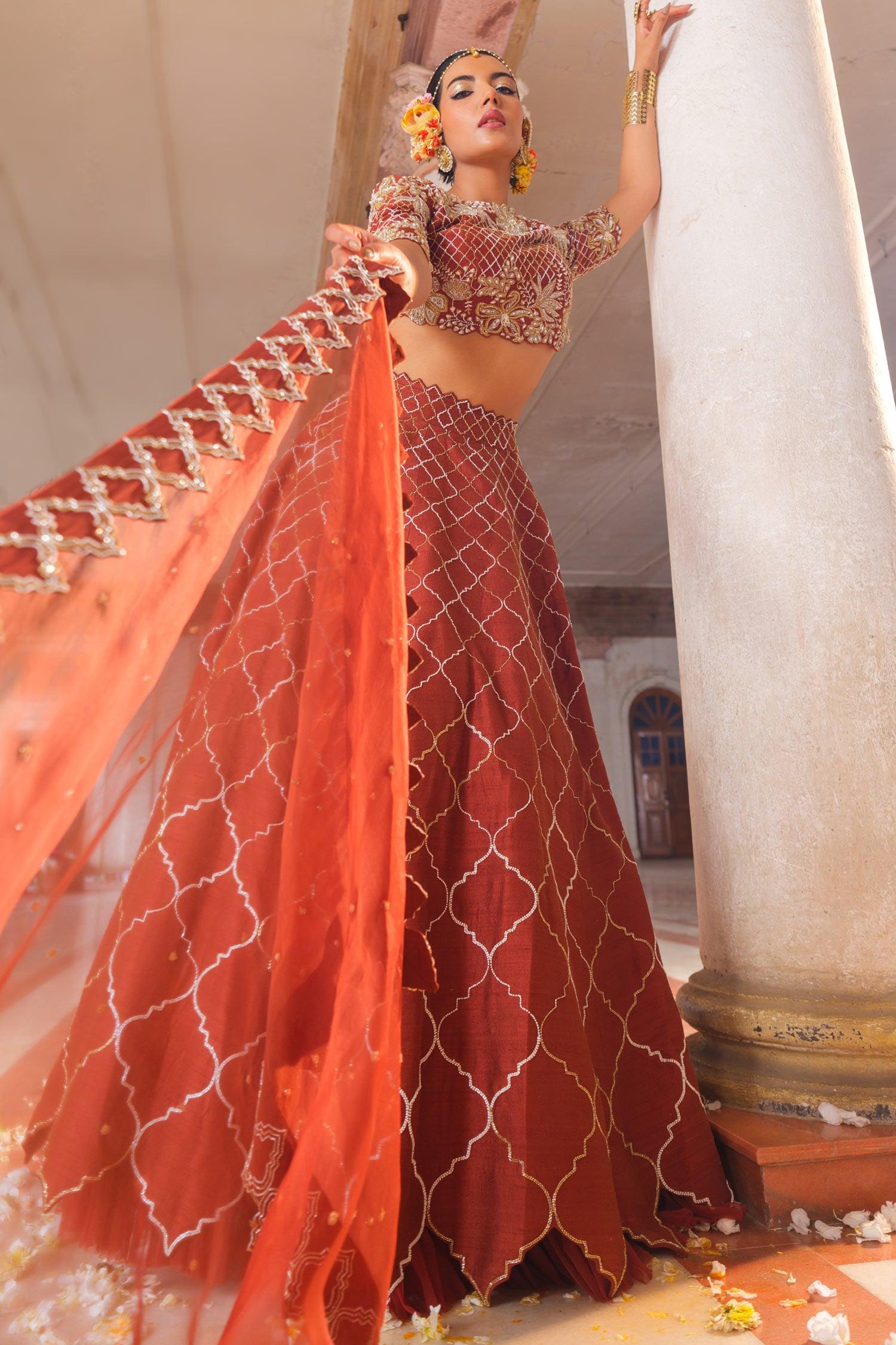 Brown Silk, Organza Cut Work High Neck Mughal Jaal Embroidered Lehenga Set - Designer Kurta Set