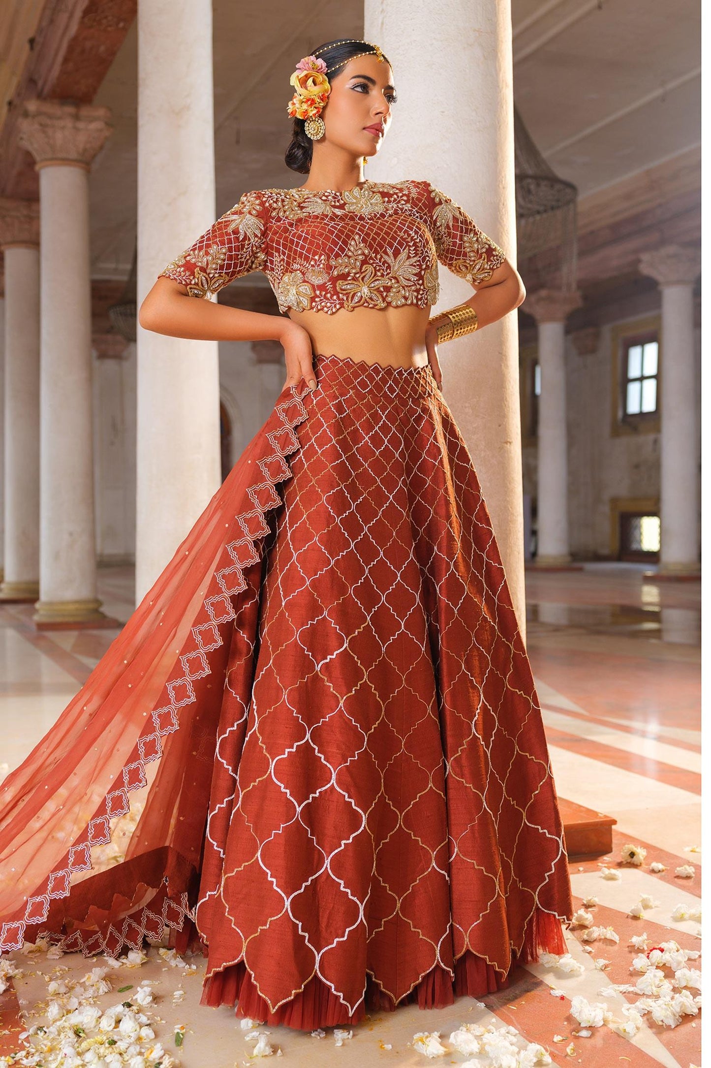 Brown Silk, Organza Cut Work High Neck Mughal Jaal Embroidered Lehenga Set - Designer Kurta Set