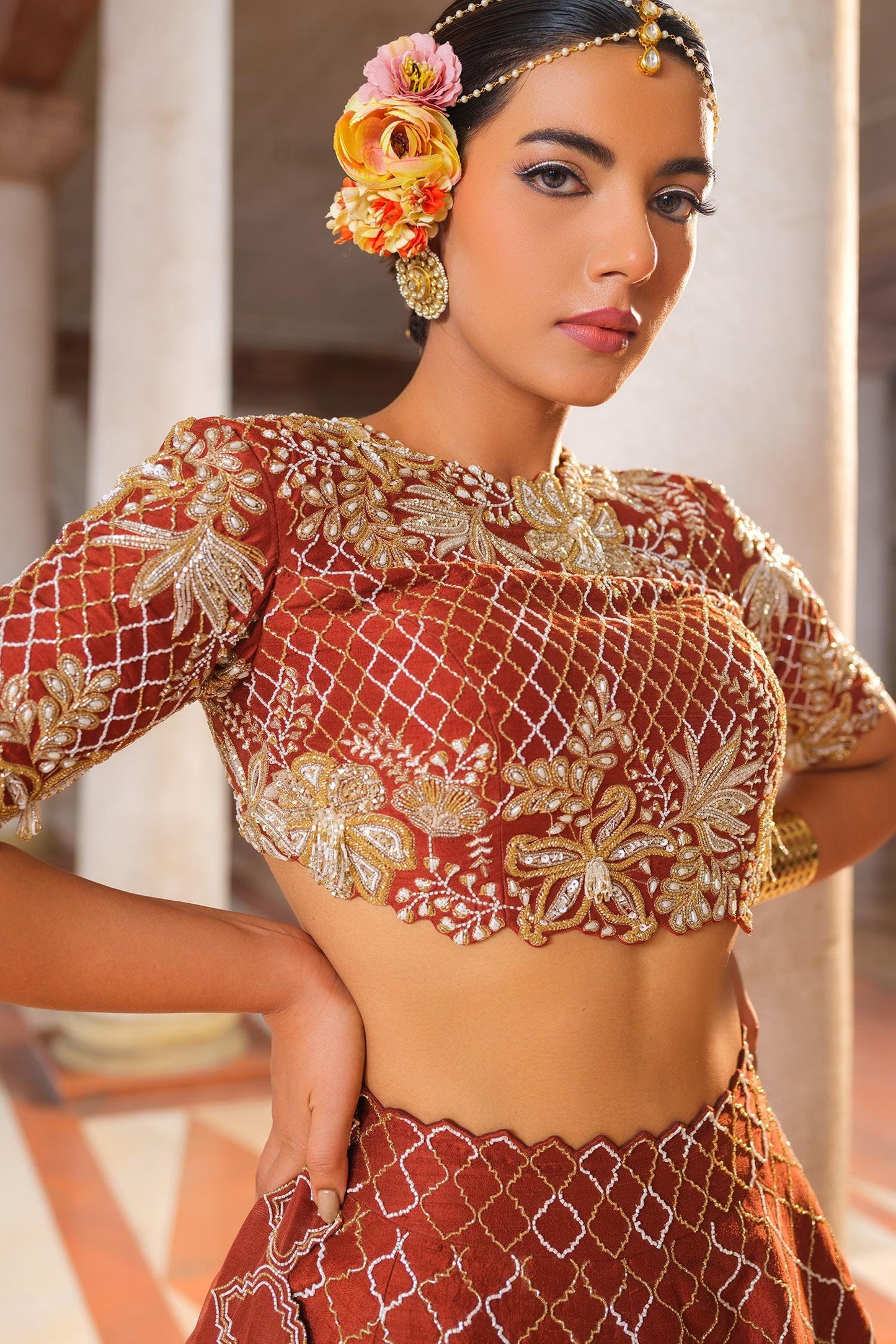 Brown Silk, Organza Cut Work High Neck Mughal Jaal Embroidered Lehenga Set - Designer Kurta Set