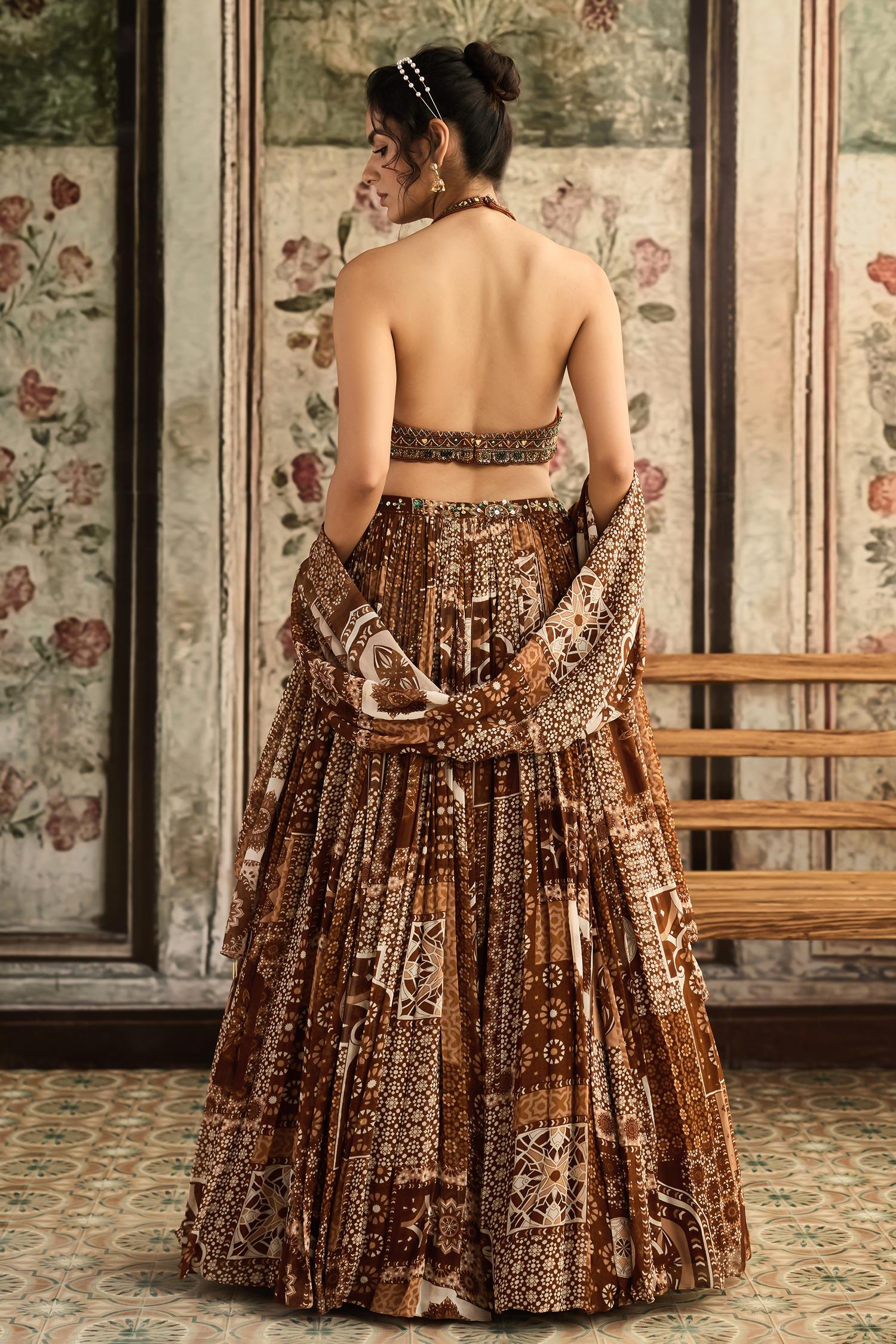 Brown Tulle, Georgette Beads, Sequins, Embroidery Caramel Designer Lehenga Set - Designer Kurta Set