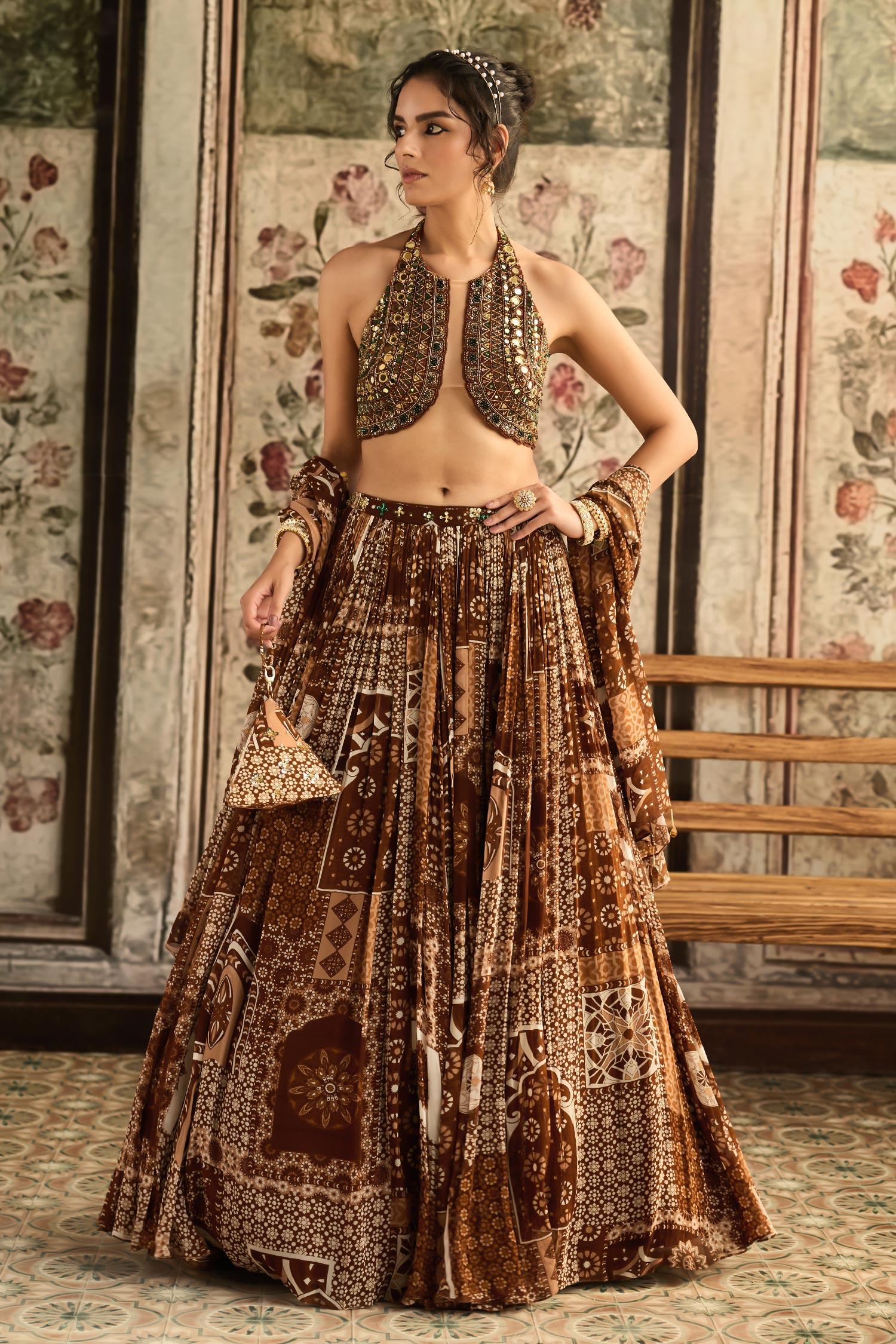 Brown Tulle, Georgette Beads, Sequins, Embroidery Caramel Designer Lehenga Set - Designer Kurta Set