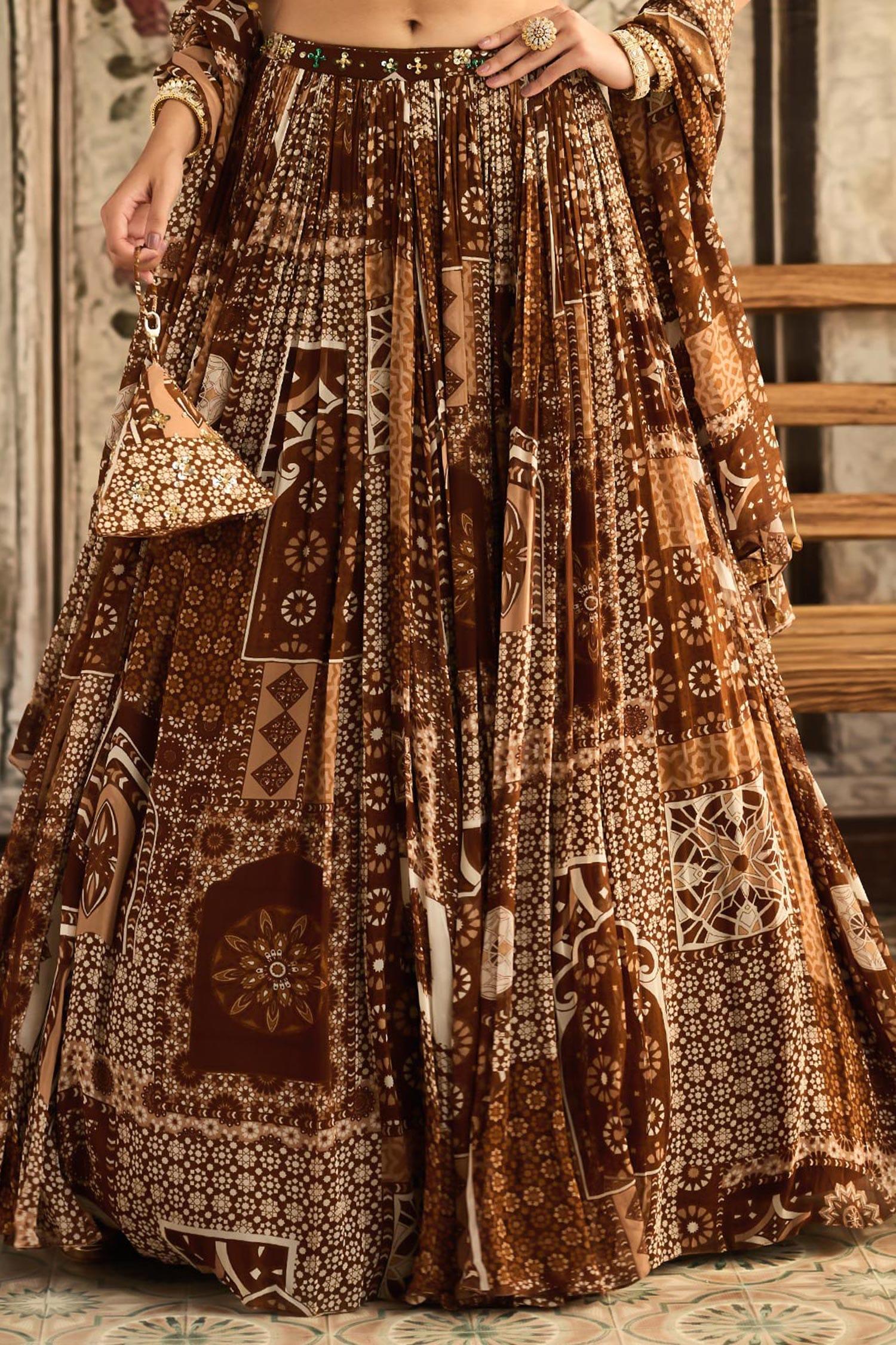 Brown Tulle, Georgette Beads, Sequins, Embroidery Caramel Designer Lehenga Set - Designer Kurta Set