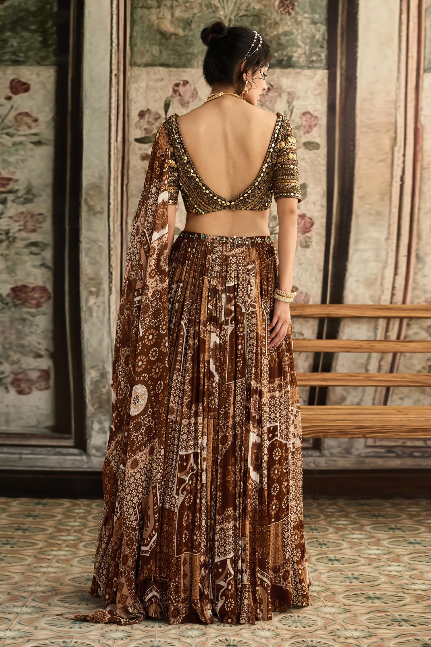 Brown Tulle, Georgette Sequins, Beads V-neck Caramel Printed Lehenga Set - Designer Kurta Set