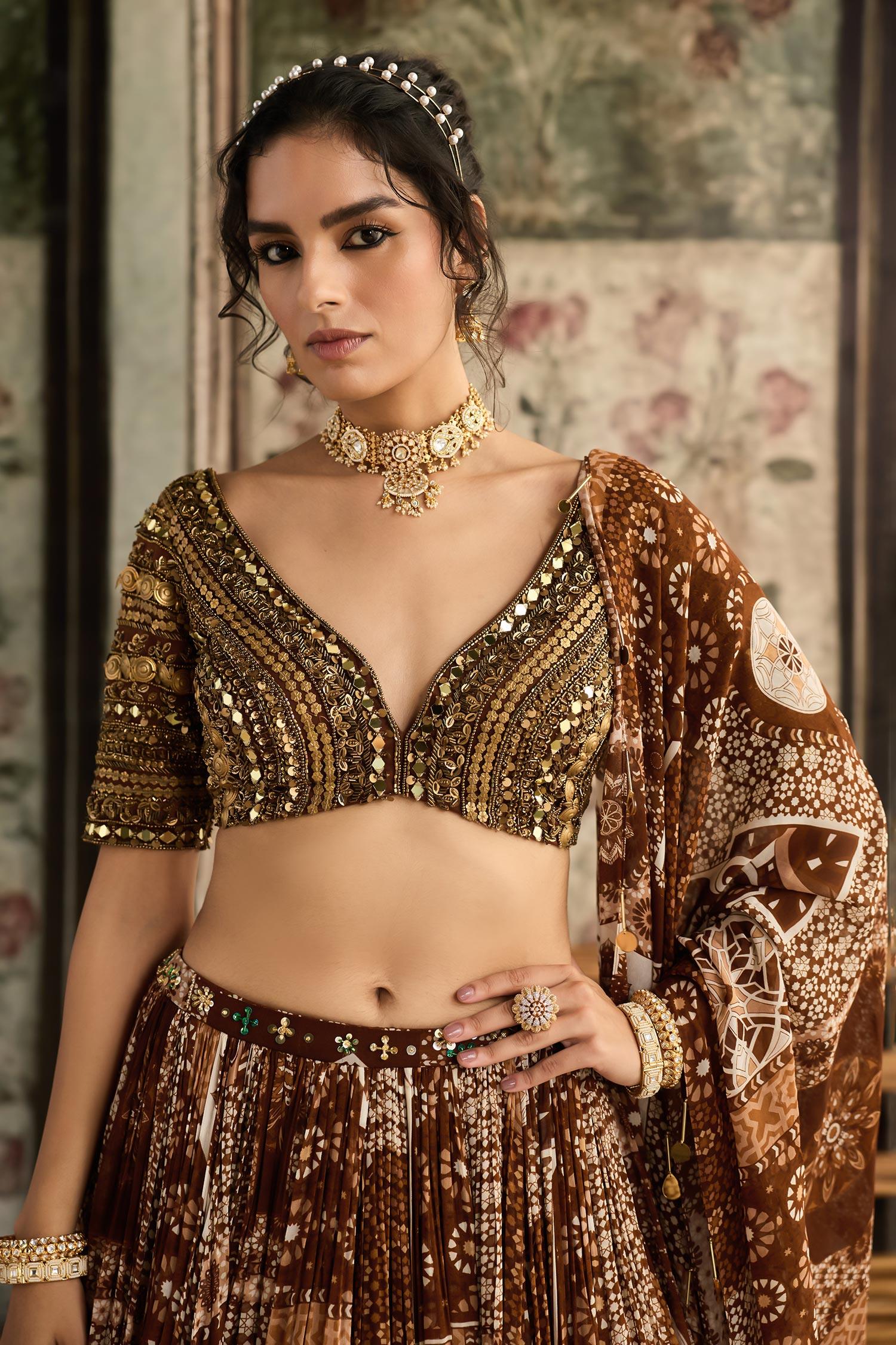 Brown Tulle, Georgette Sequins, Beads V-neck Caramel Printed Lehenga Set - Designer Kurta Set