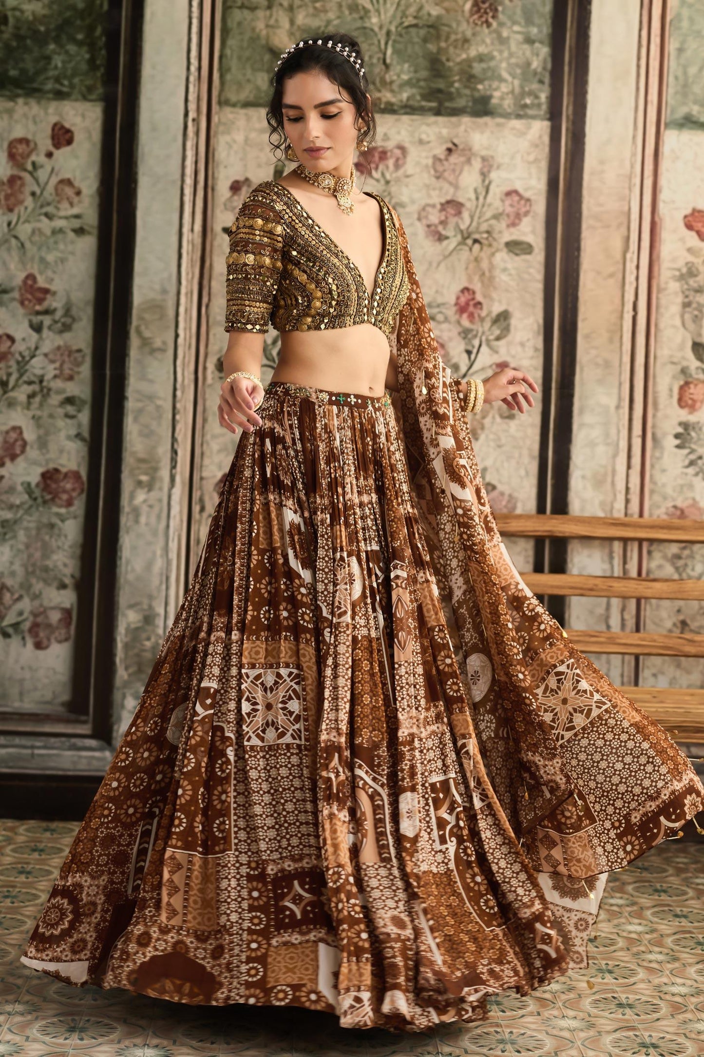 Brown Tulle, Georgette Sequins, Beads V-neck Caramel Printed Lehenga Set - Designer Kurta Set
