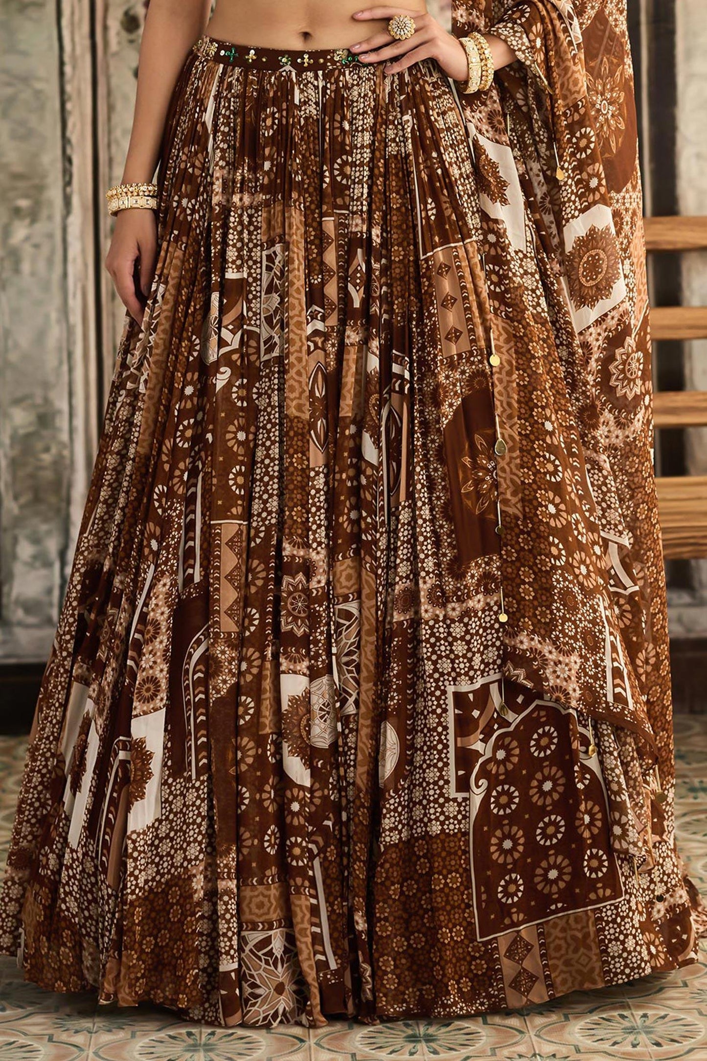 Brown Tulle, Georgette Sequins, Beads V-neck Caramel Printed Lehenga Set - Designer Kurta Set