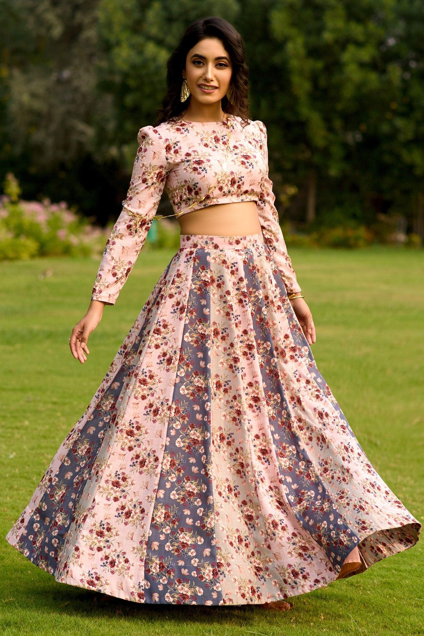 Burgundy Silk, Georgette Sequins, Embroidery Scoop Floral Gradient Lehenga Set - Designer Kurta Set