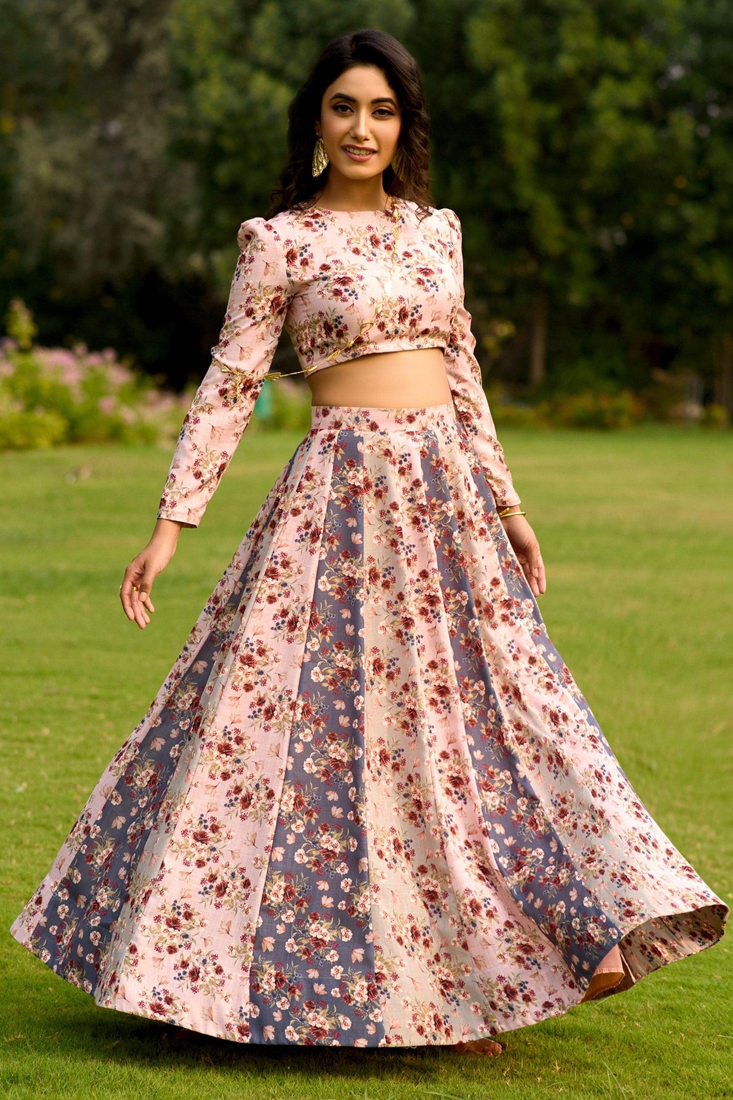 Burgundy Silk, Georgette Sequins, Embroidery Scoop Floral Gradient Lehenga Set - Designer Kurta Set
