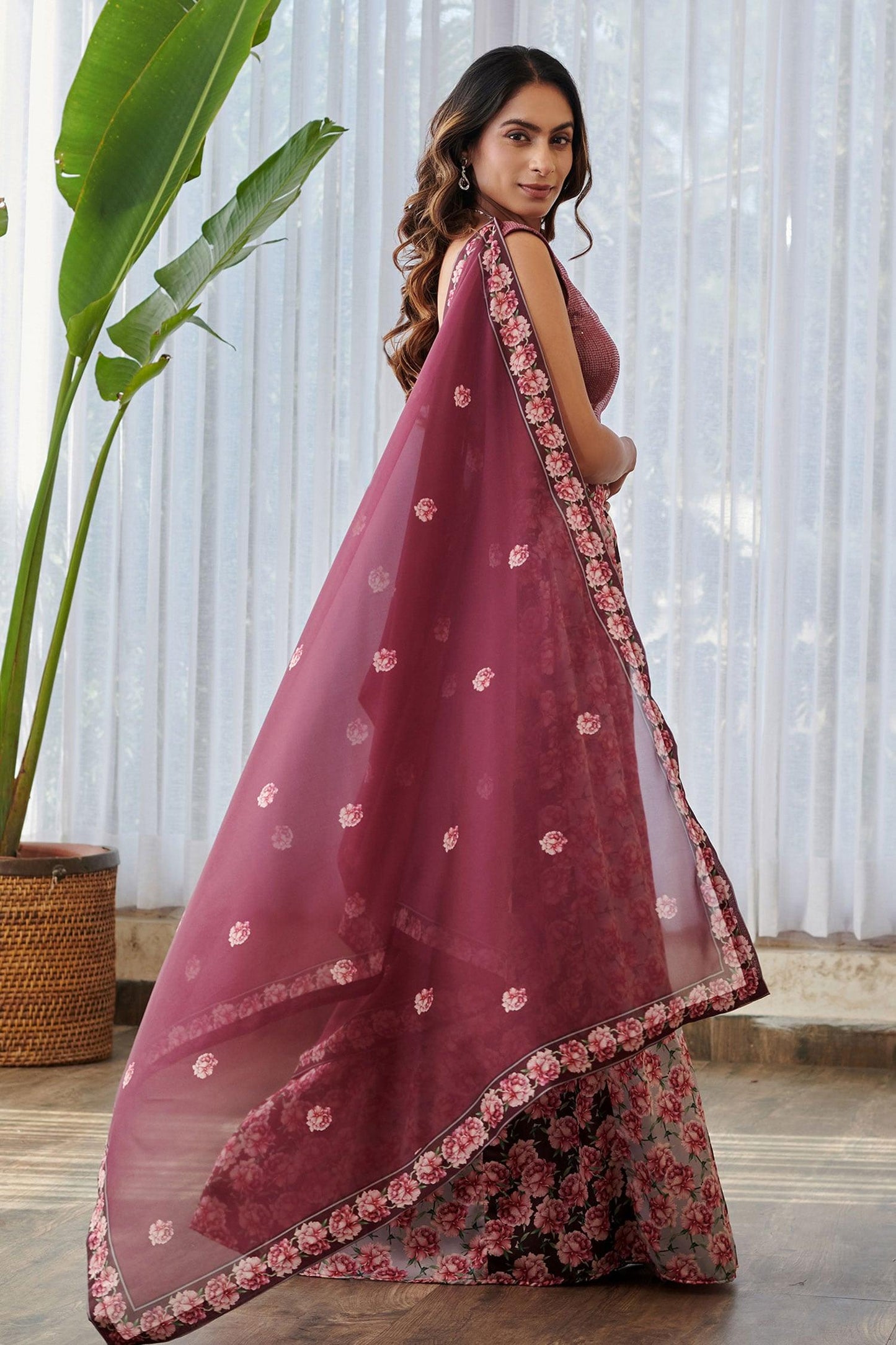 Burgundy Silk, Georgette Sequins, Embroidery Scoop Floral Gradient Lehenga Set - Designer Kurta Set