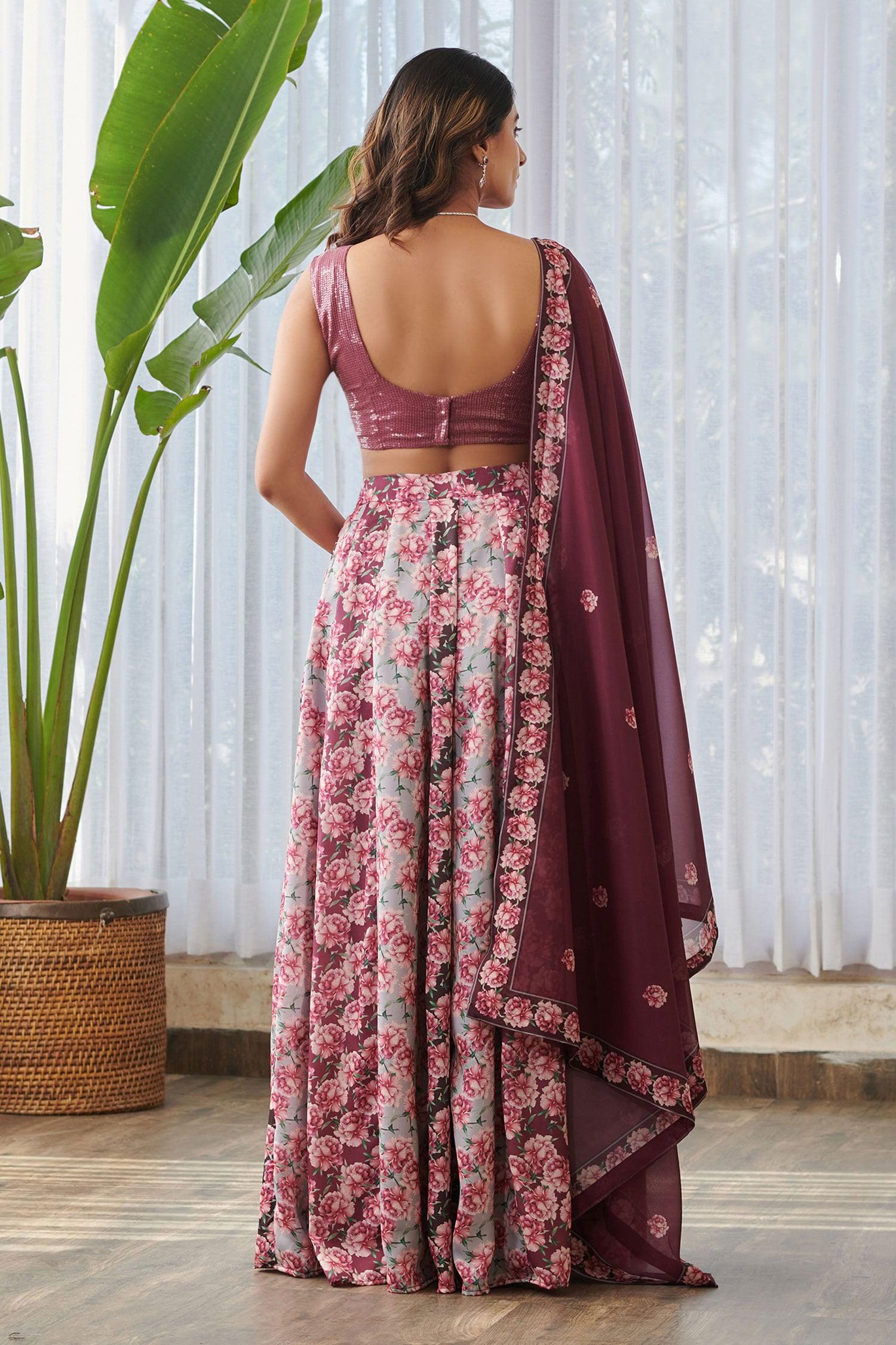 Burgundy Silk, Georgette Sequins, Embroidery Scoop Floral Gradient Lehenga Set - Designer Kurta Set