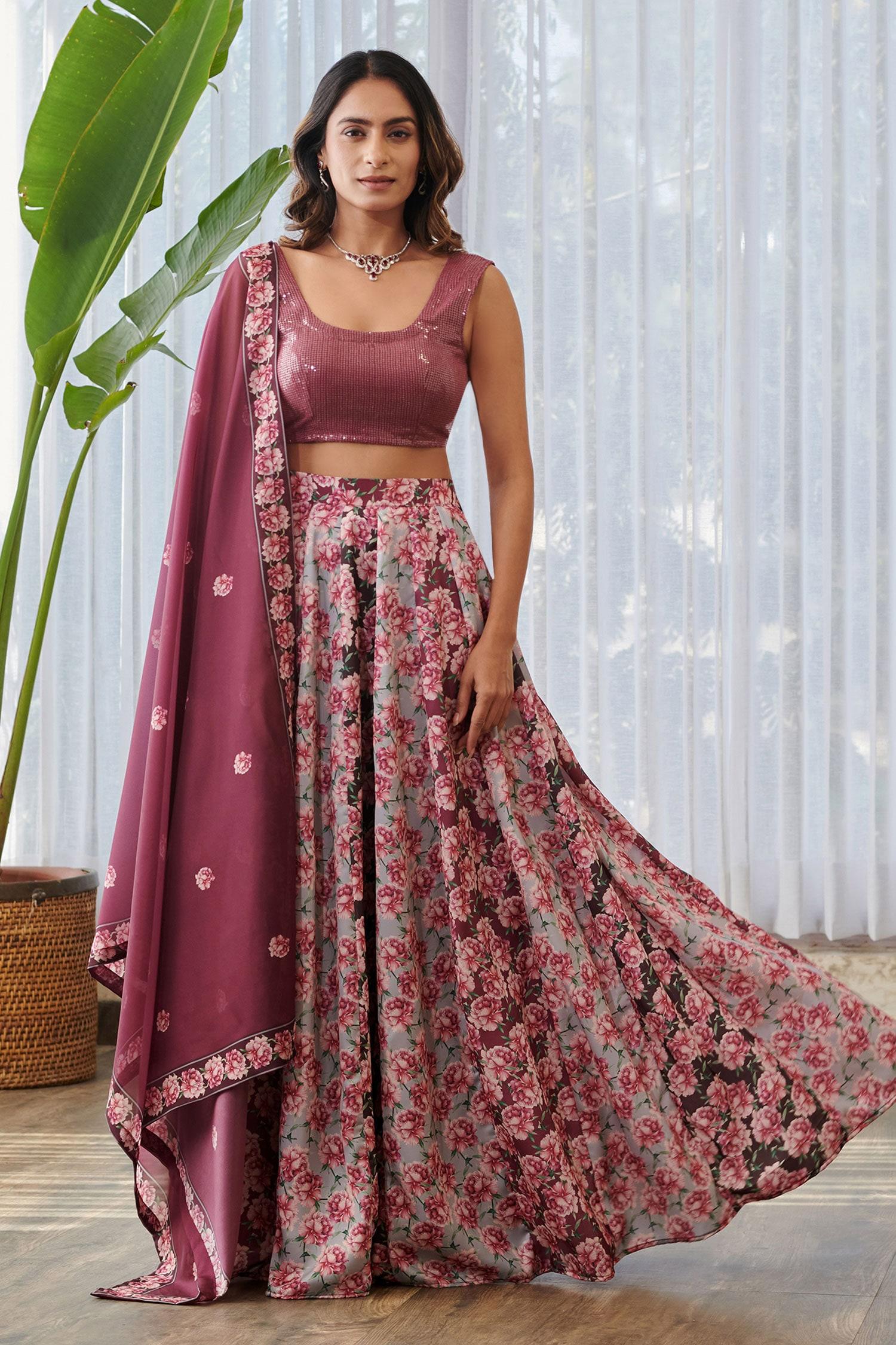 Burgundy Silk, Georgette Sequins, Embroidery Scoop Floral Gradient Lehenga Set - Designer Kurta Set