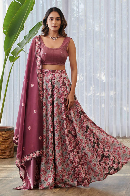 Burgundy Silk, Georgette Sequins, Embroidery Scoop Floral Gradient Lehenga Set - Designer Kurta Set