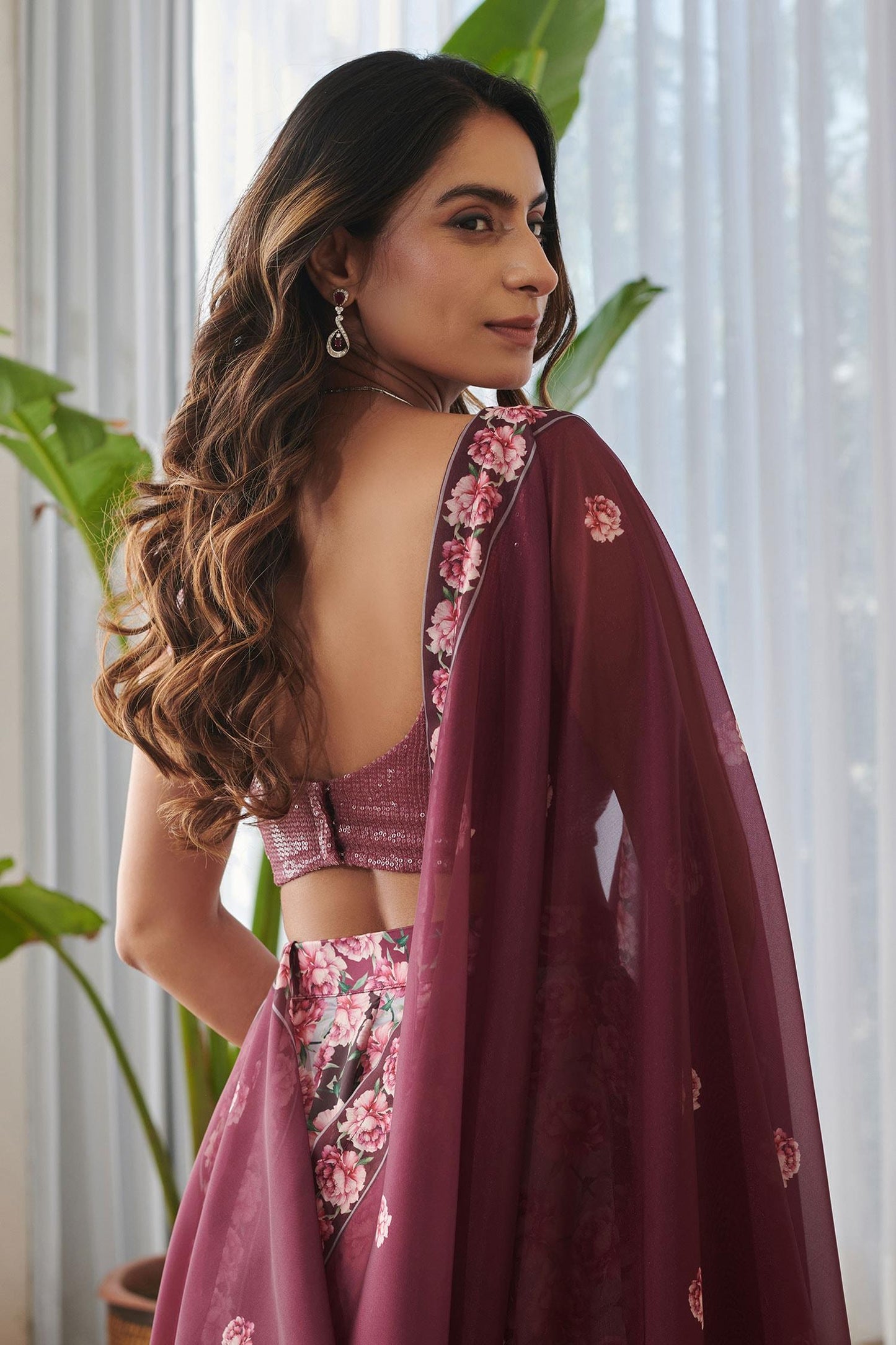 Burgundy Silk, Georgette Sequins, Embroidery Scoop Floral Gradient Lehenga Set - Designer Kurta Set