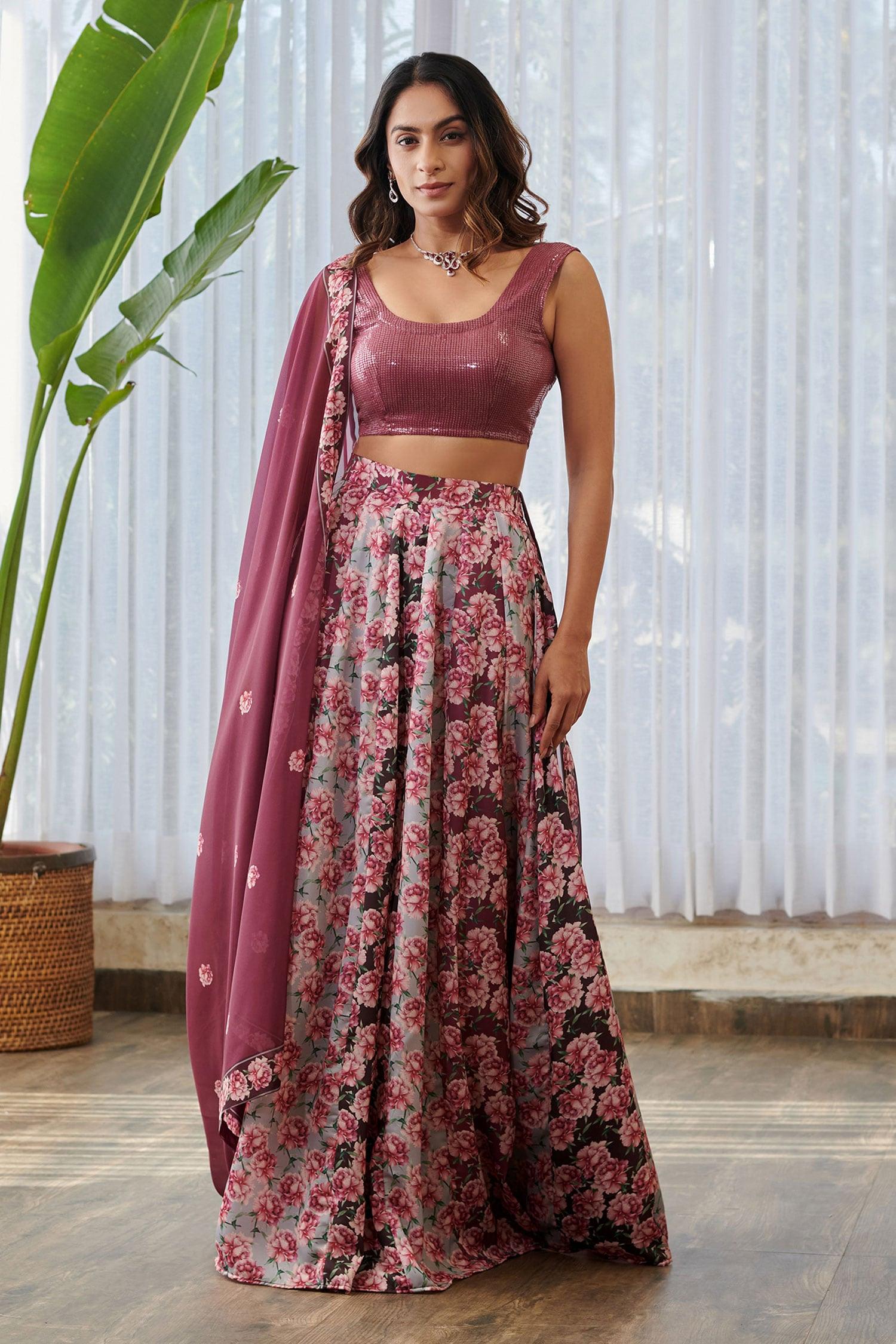 Burgundy Silk, Georgette Sequins, Embroidery Scoop Floral Gradient Lehenga Set - Designer Kurta Set