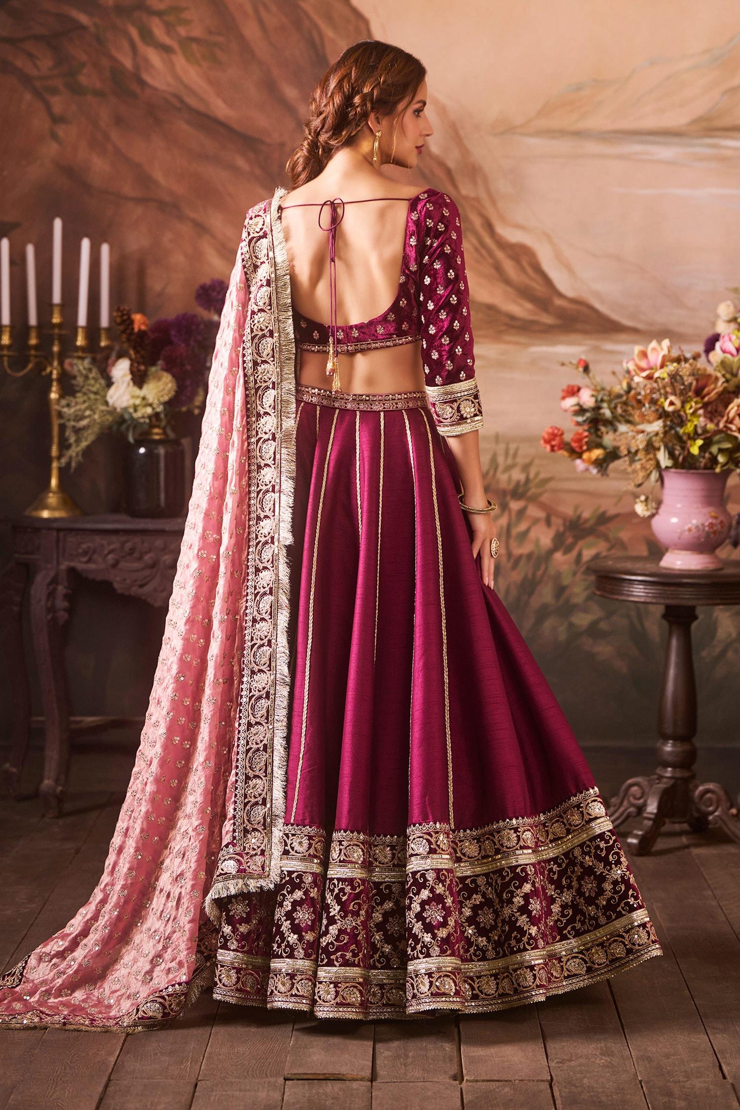Burgundy Silk, Velvet Sequins, Zari Sweetheart Floral Embroidered Lehenga Set - Designer Kurta Set