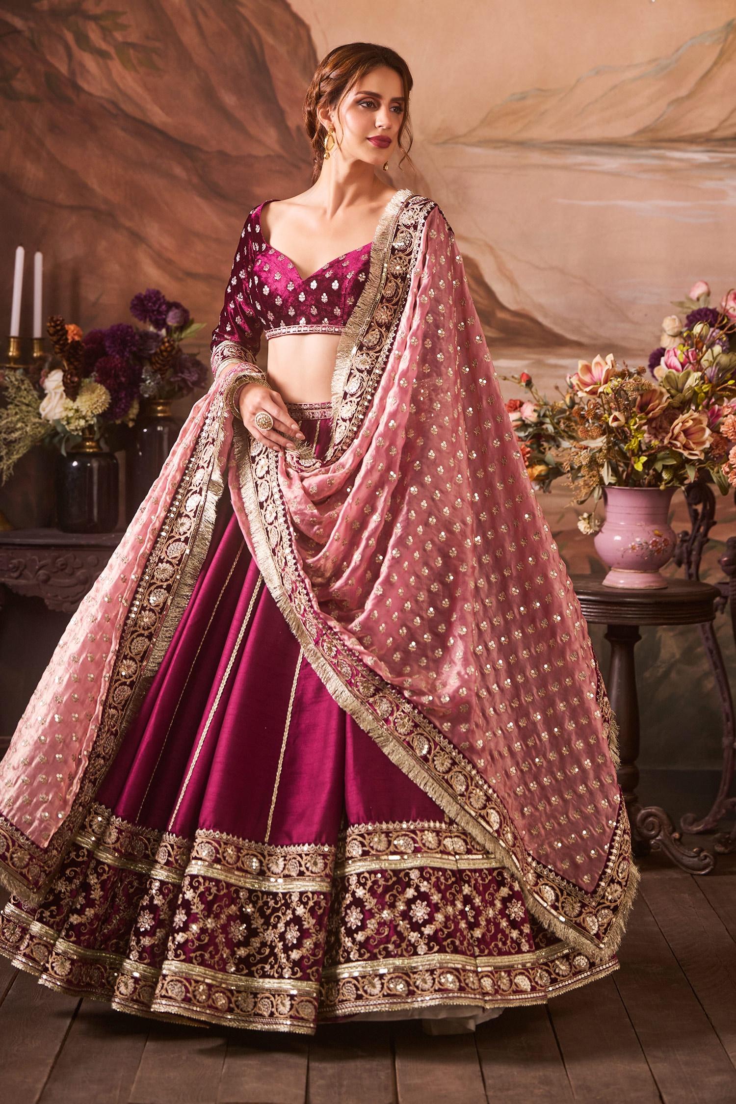 Burgundy Silk, Velvet Sequins, Zari Sweetheart Floral Embroidered Lehenga Set - Designer Kurta Set