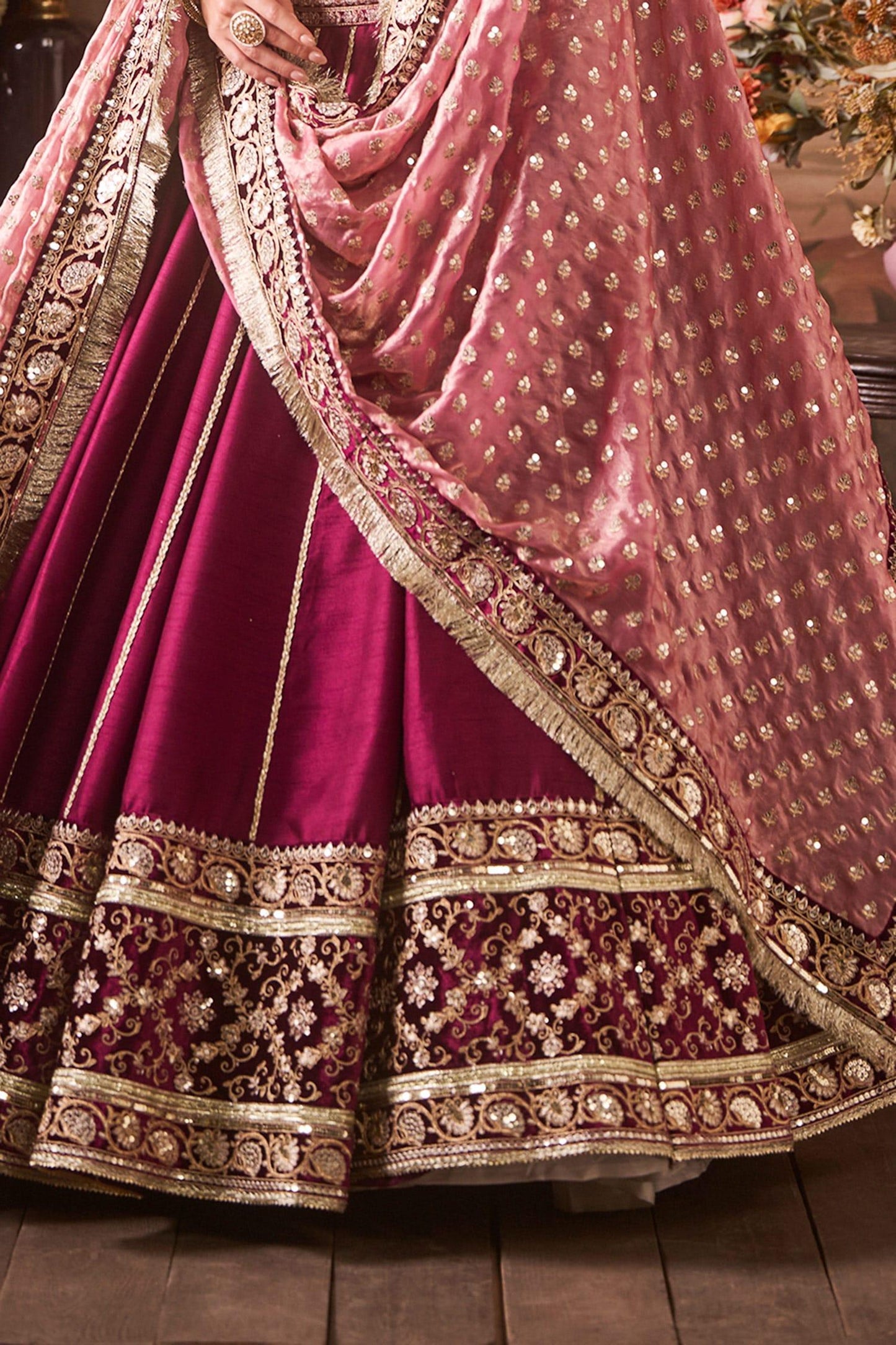 Burgundy Silk, Velvet Sequins, Zari Sweetheart Floral Embroidered Lehenga Set - Designer Kurta Set