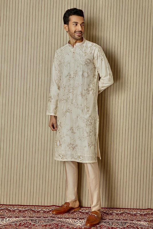 Kurta Set Cream Chanderi Silk Hand Embroidered Sequin Floral Dabka