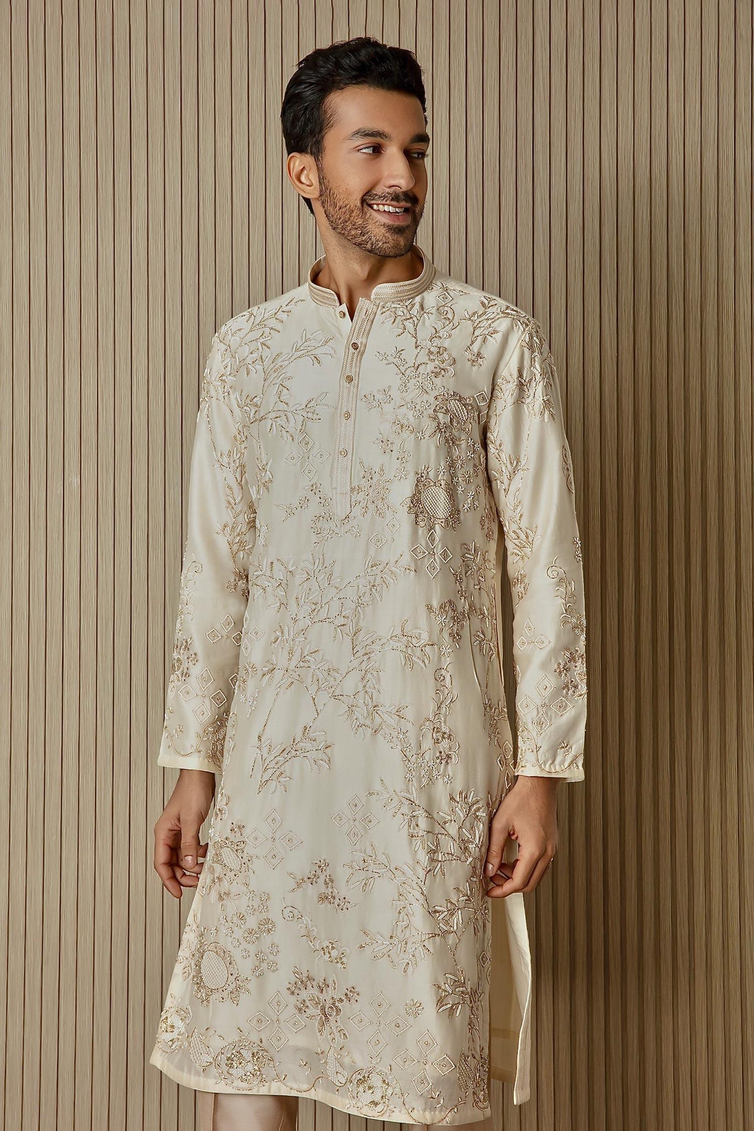 Kurta Set Cream Chanderi Silk Hand Embroidered Sequin Floral Dabka