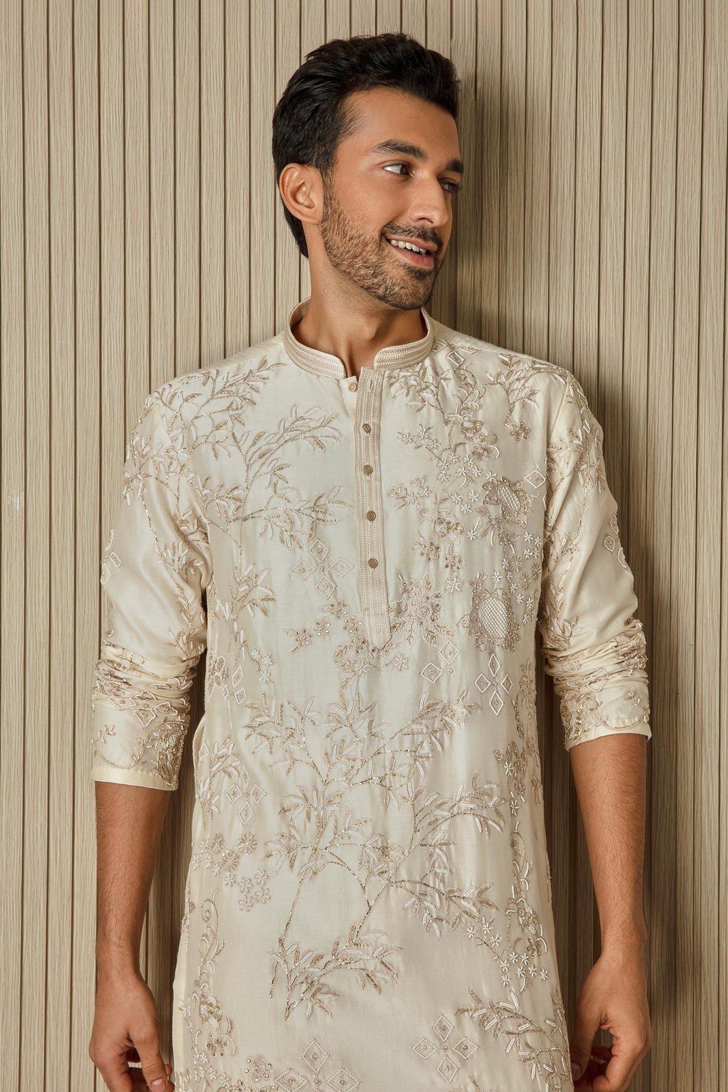 Kurta Set Cream Chanderi Silk Hand Embroidered Sequin Floral Dabka