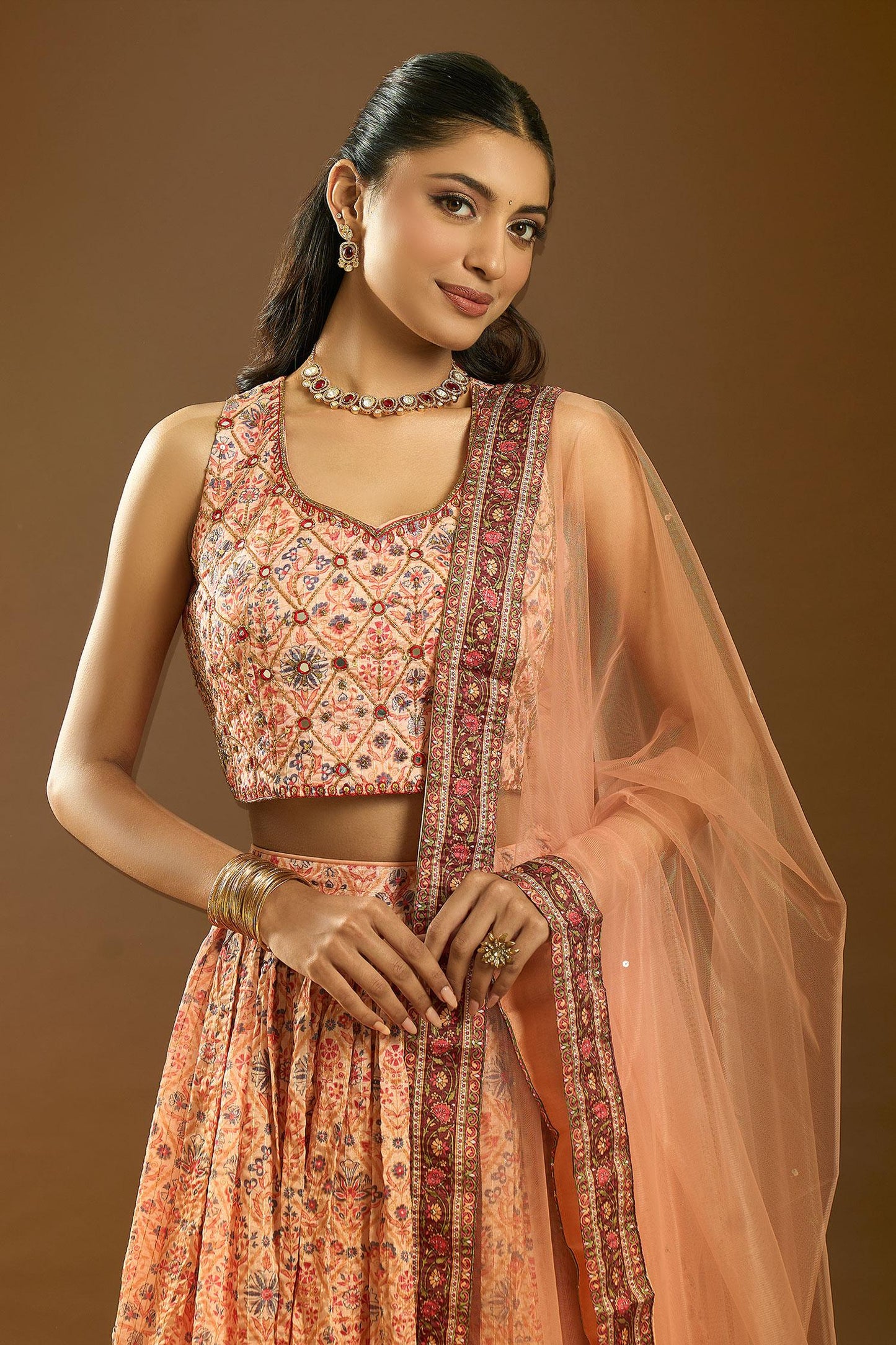 Cream Chiffon Sequins, Mirrors, Embroidery Floral Mughal Print Lehenga Set - Designer Kurta Set
