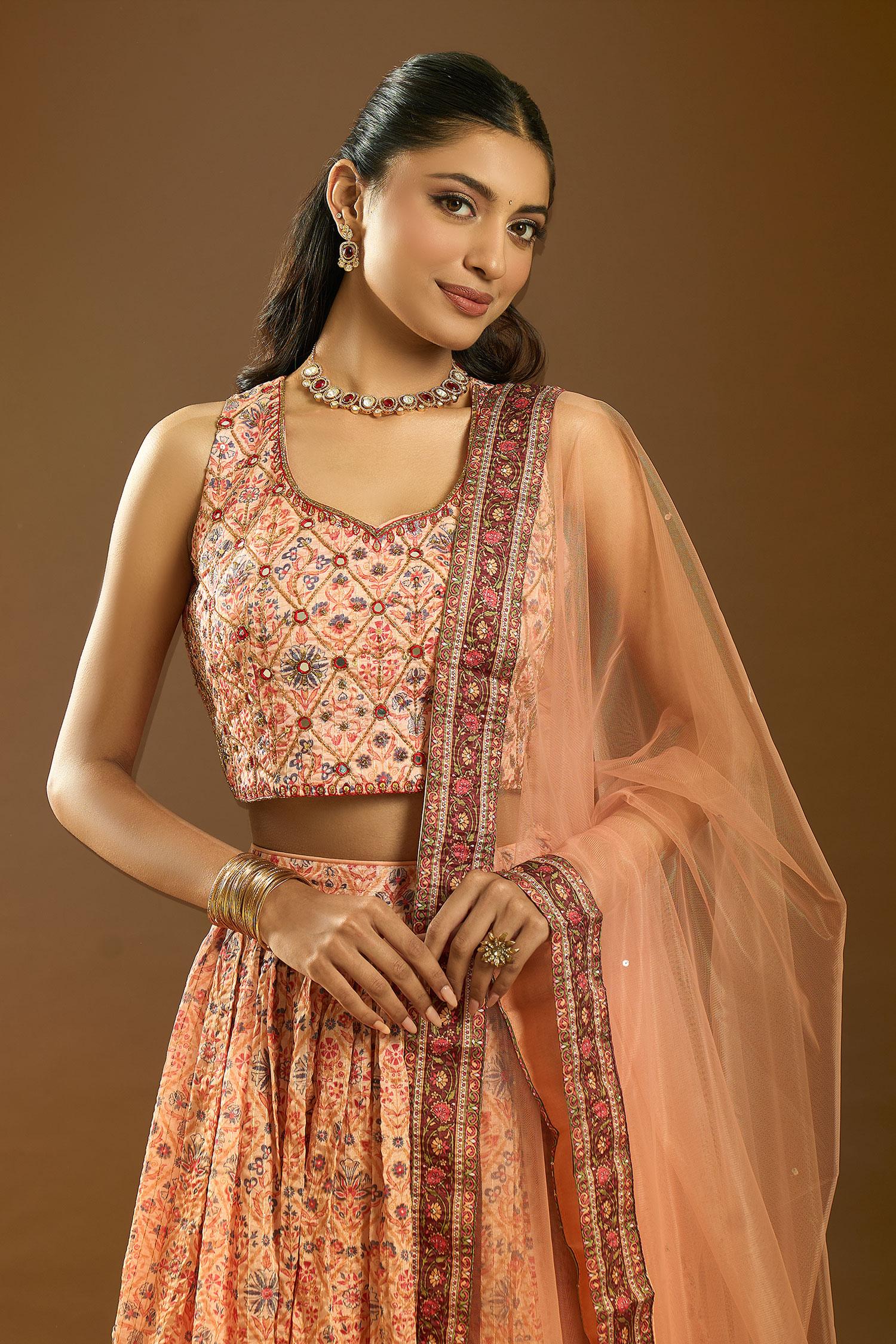 Cream Chiffon Sequins, Mirrors, Embroidery Floral Mughal Print Lehenga Set - Designer Kurta Set