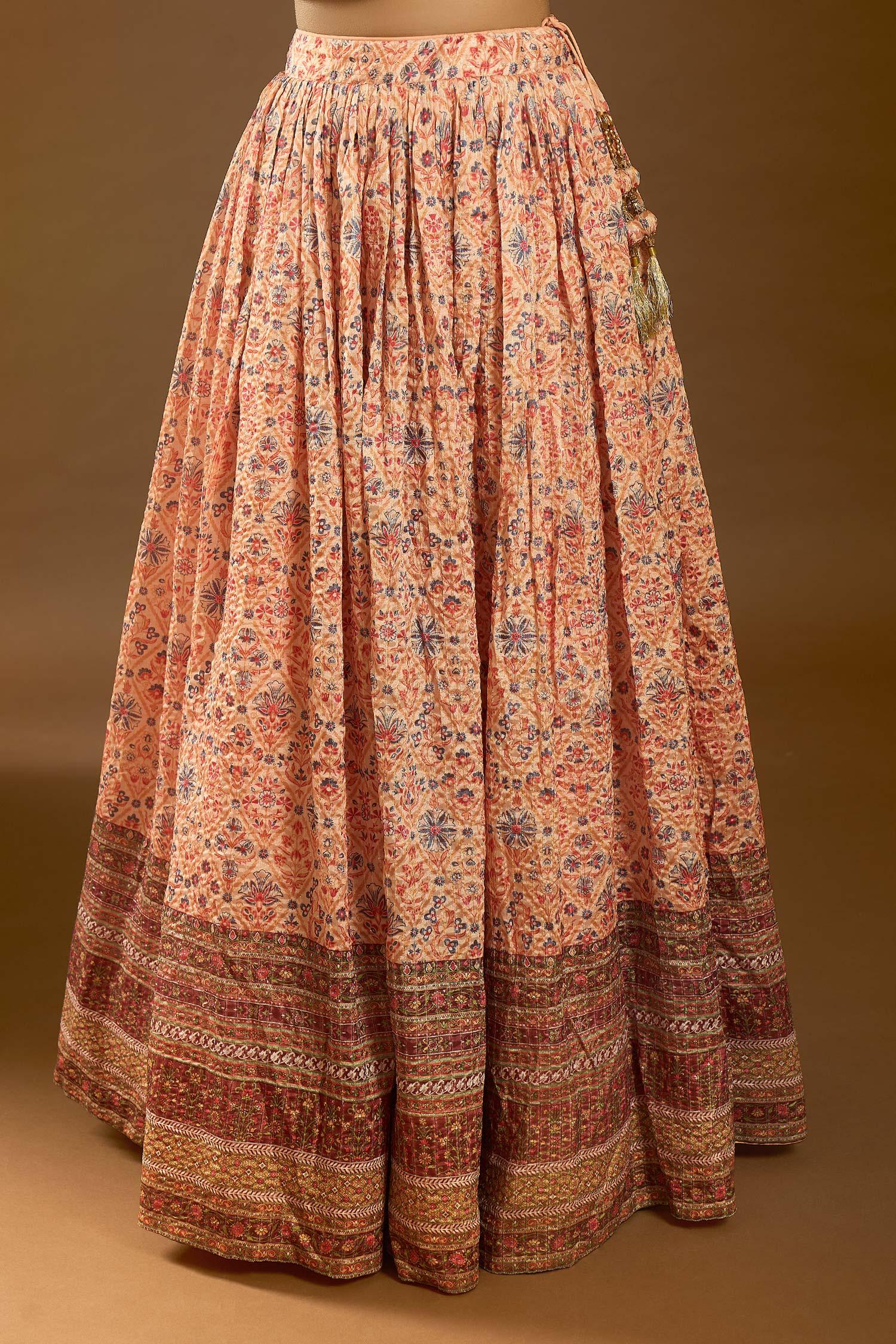 Cream Chiffon Sequins, Mirrors, Embroidery Floral Mughal Print Lehenga Set - Designer Kurta Set