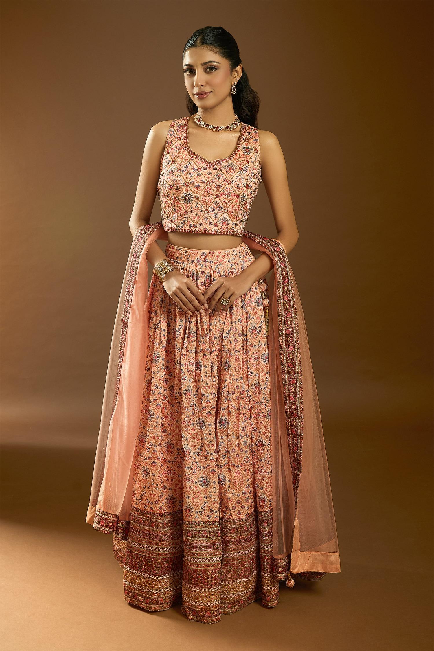 Cream Chiffon Sequins, Mirrors, Embroidery Floral Mughal Print Lehenga Set - Designer Kurta Set