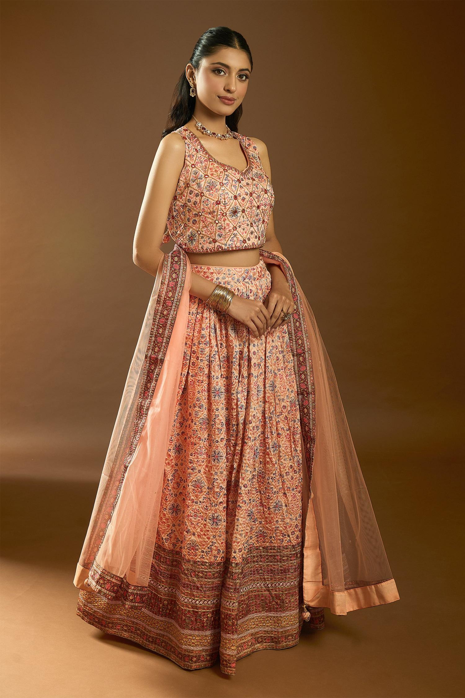 Cream Chiffon Sequins, Mirrors, Embroidery Floral Mughal Print Lehenga Set - Designer Kurta Set