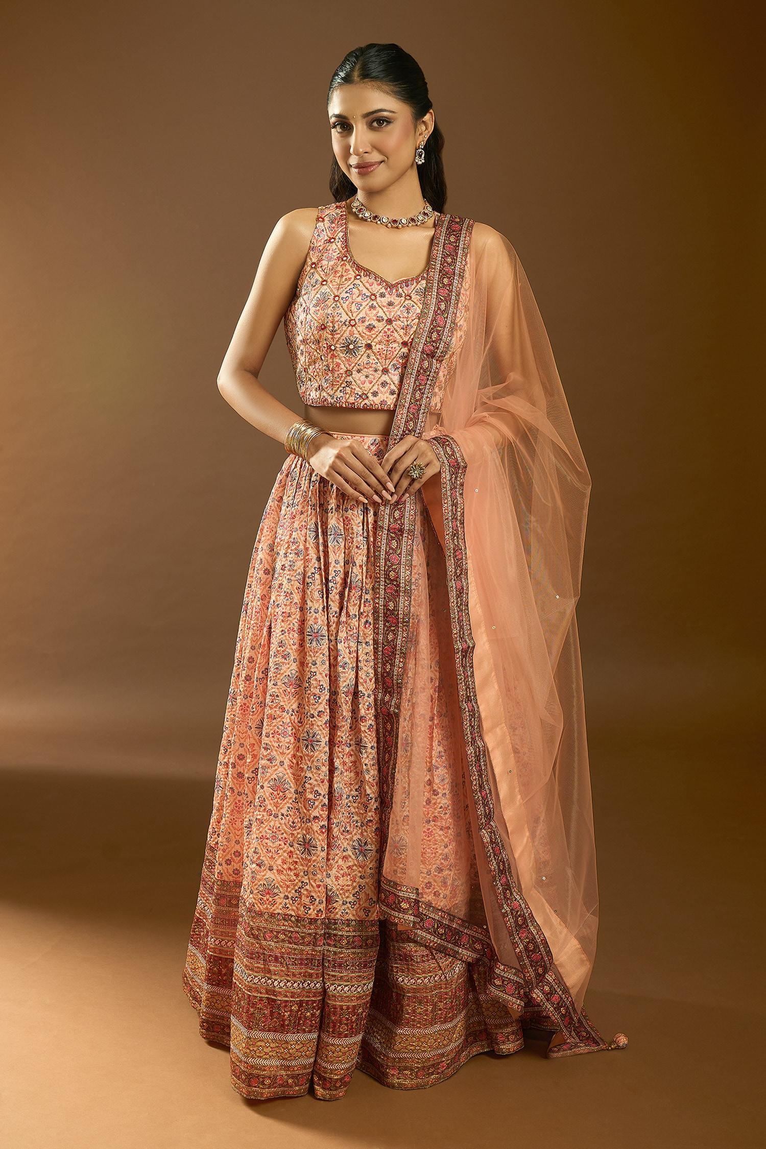 Cream Chiffon Sequins, Mirrors, Embroidery Floral Mughal Print Lehenga Set - Designer Kurta Set