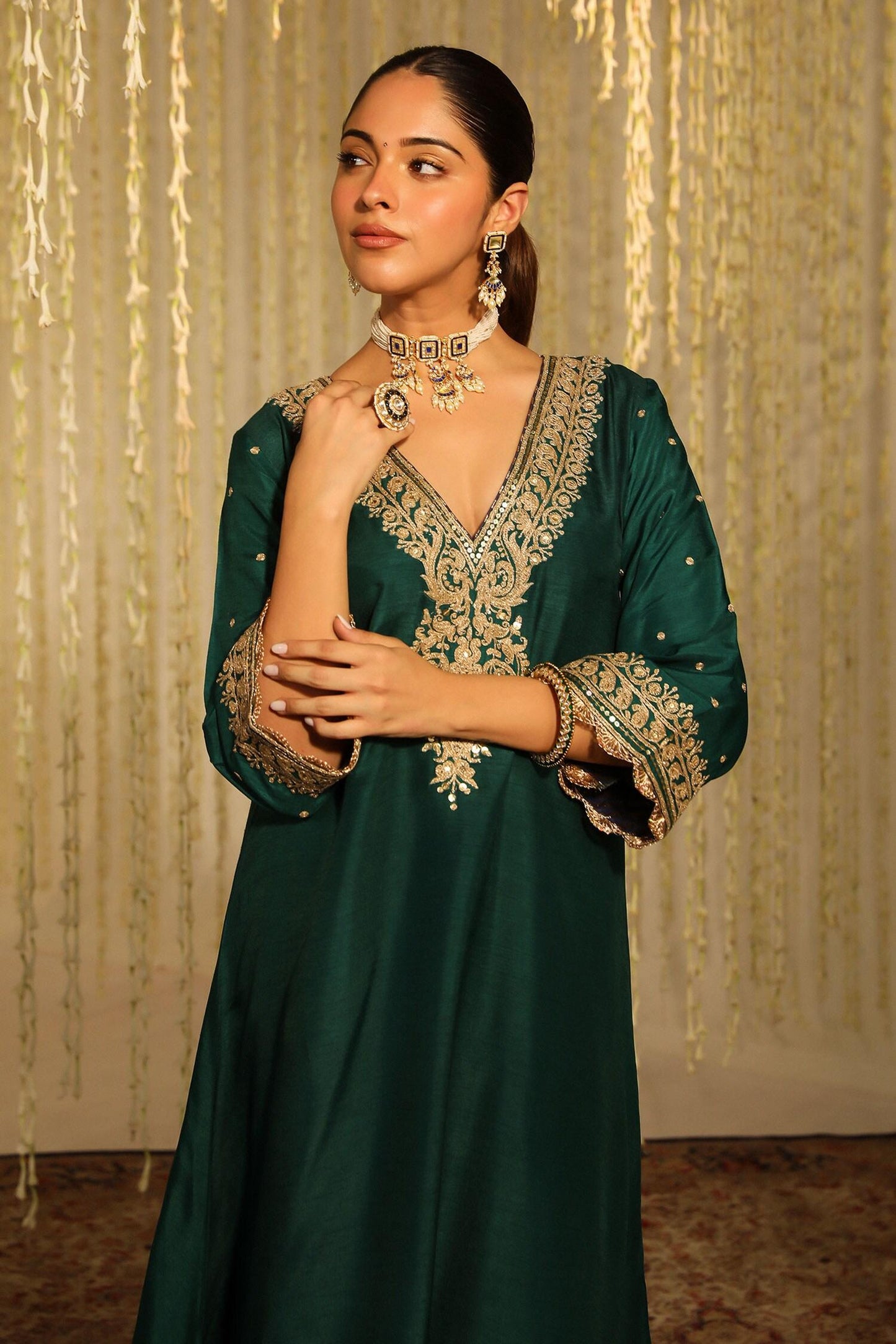 Emerald Green Silk Sequins, Mysha Paisley Long Kaftan With Doghri Salwar - Designer Kurta Set