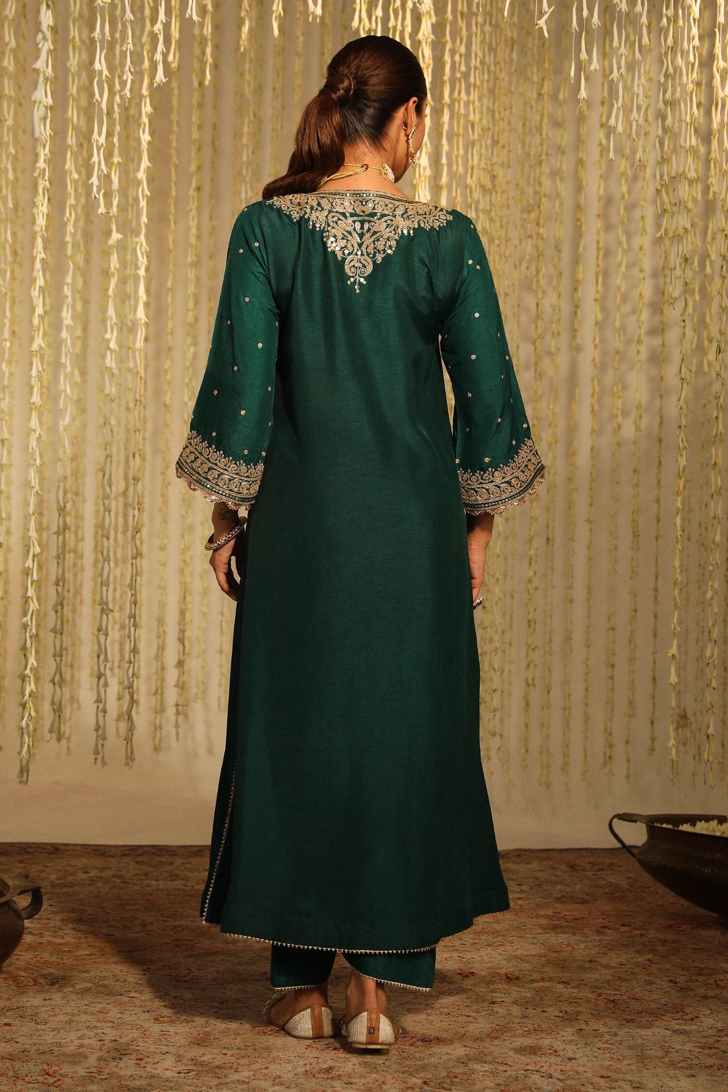 Emerald Green Silk Sequins, Mysha Paisley Long Kaftan With Doghri Salwar - Designer Kurta Set