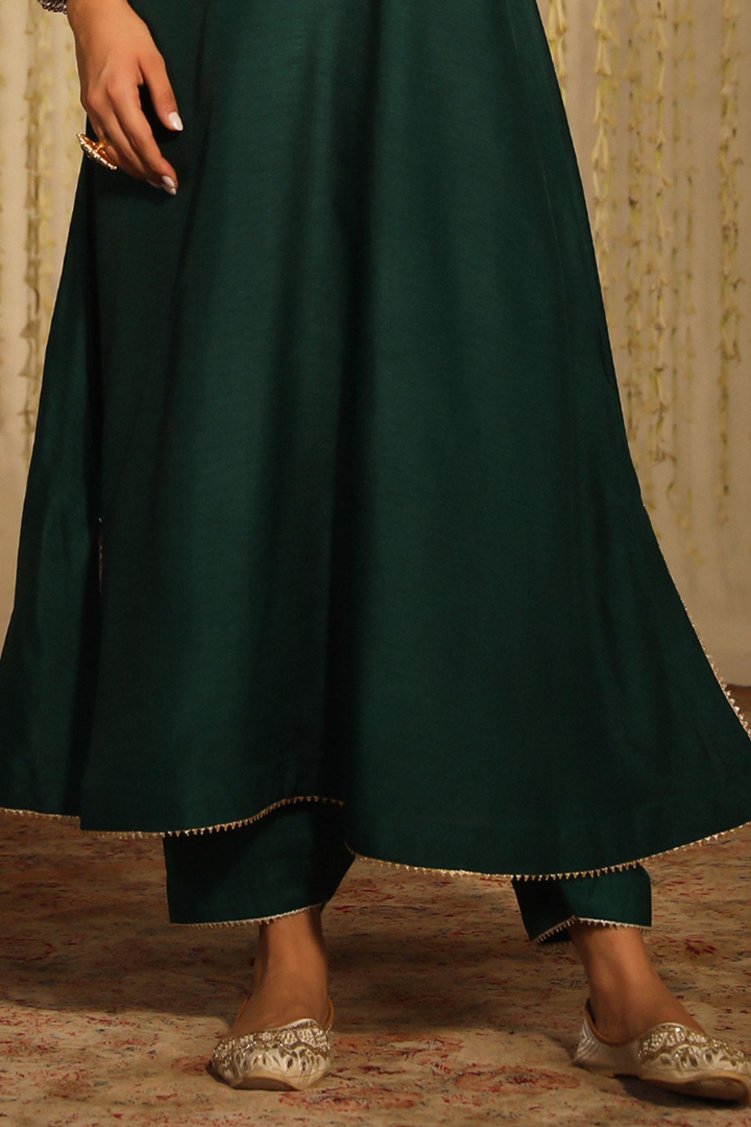 Emerald Green Silk Sequins, Mysha Paisley Long Kaftan With Doghri Salwar - Designer Kurta Set