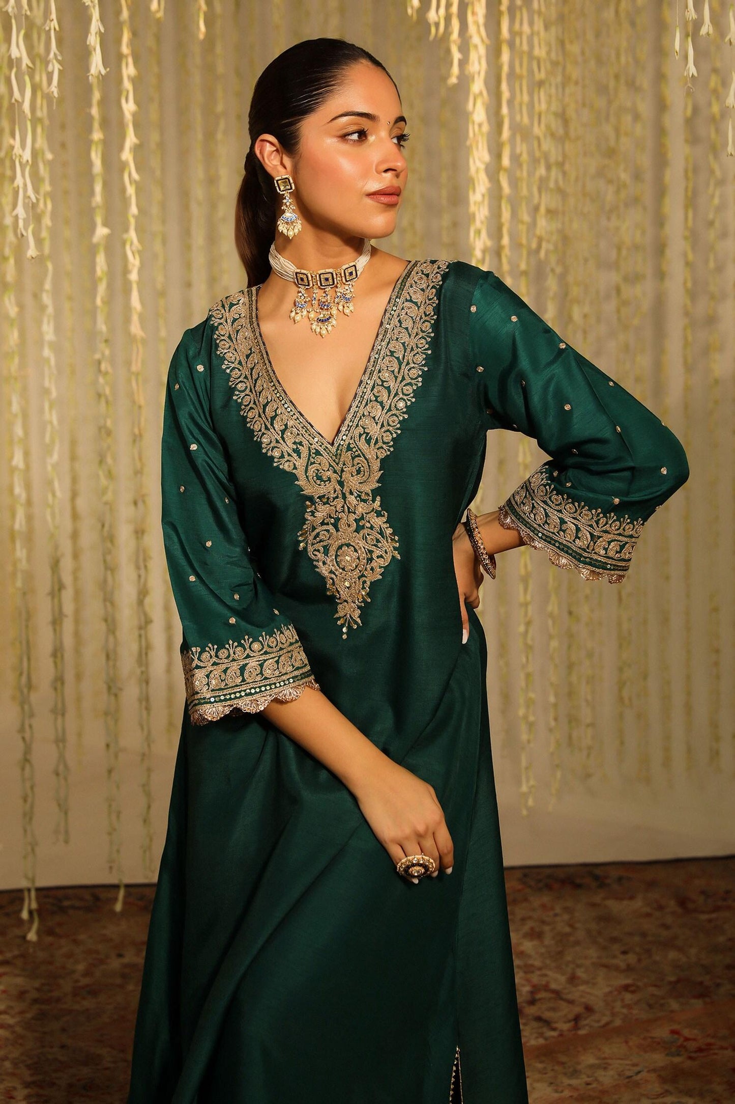 Emerald Green Silk Sequins, Mysha Paisley Long Kaftan With Doghri Salwar - Designer Kurta Set