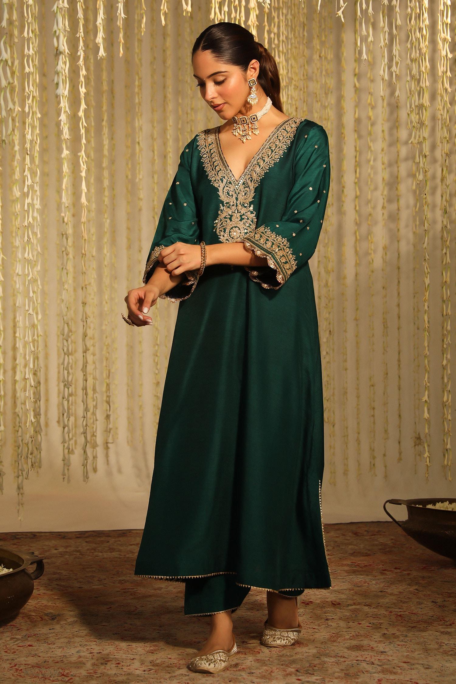 Emerald Green Silk Sequins, Mysha Paisley Long Kaftan With Doghri Salwar - Designer Kurta Set