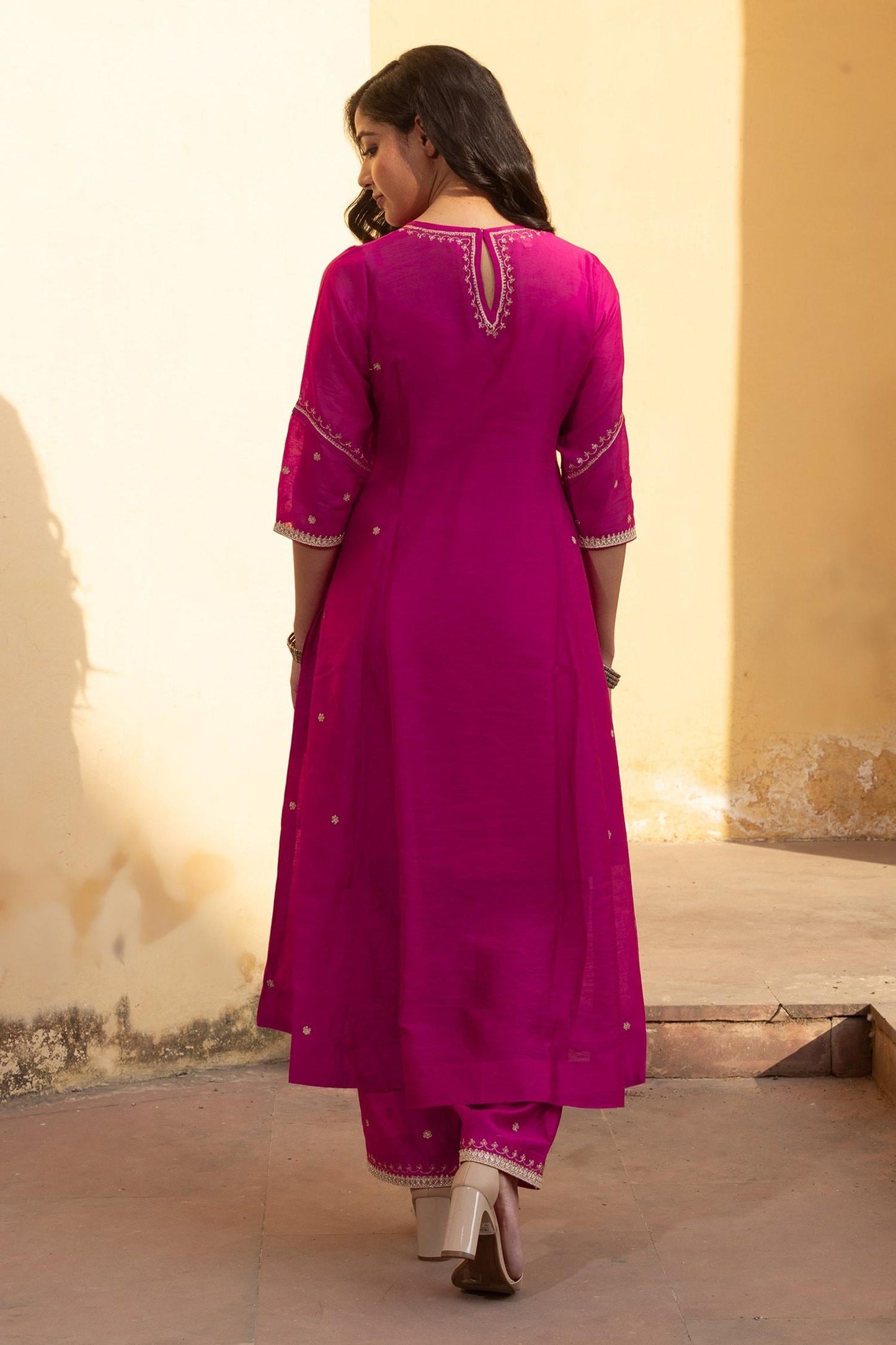 Fuchsia Chanderi, Muslin Embroidery Round Neck Ditsy Flora Anarkali Set - Designer Kurta Set