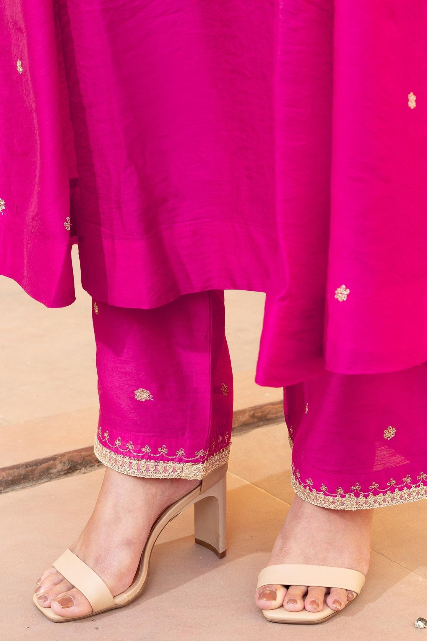 Fuchsia Chanderi, Muslin Embroidery Round Neck Ditsy Flora Anarkali Set - Designer Kurta Set