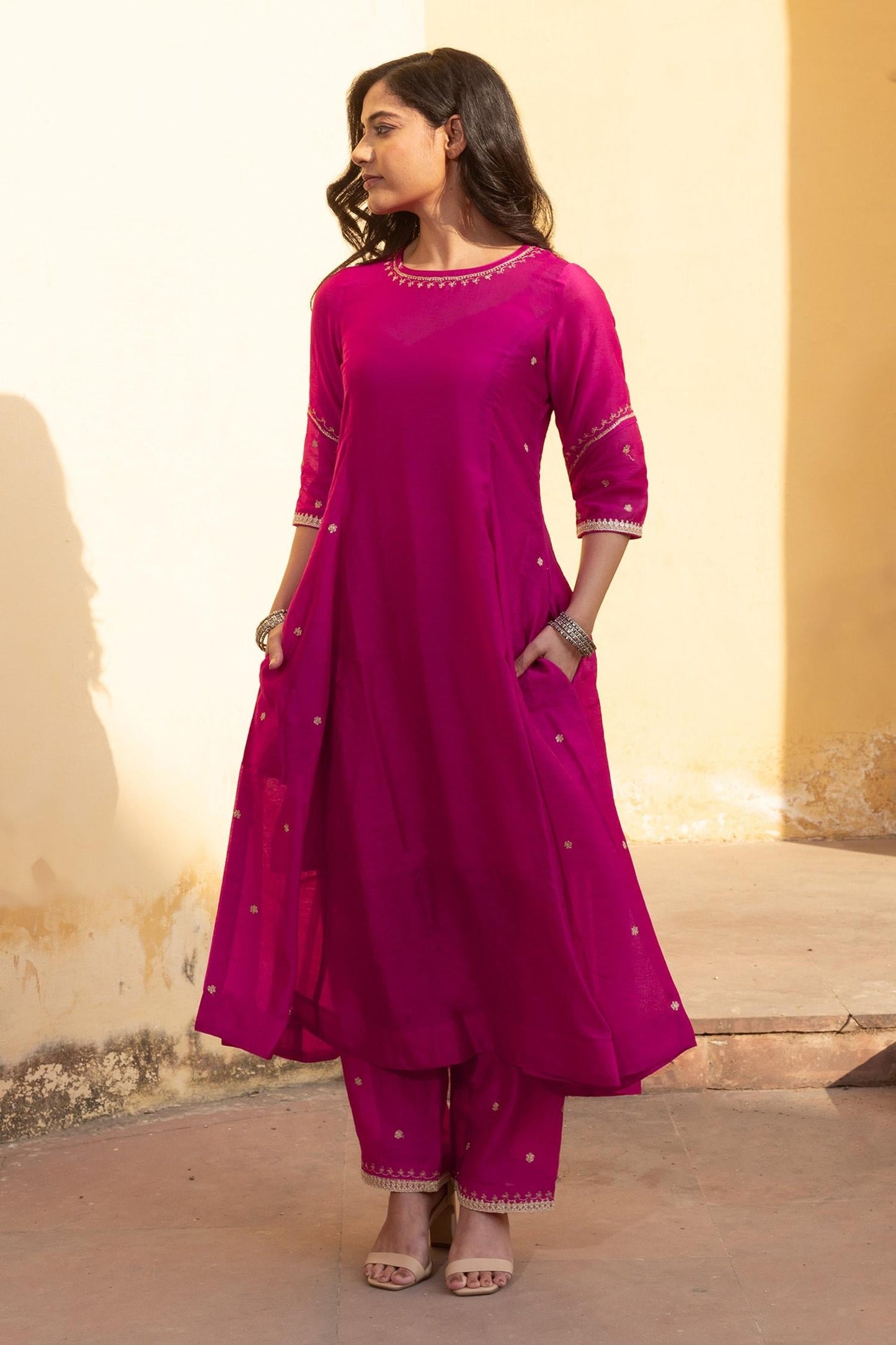 Fuchsia Chanderi, Muslin Embroidery Round Neck Ditsy Flora Anarkali Set - Designer Kurta Set
