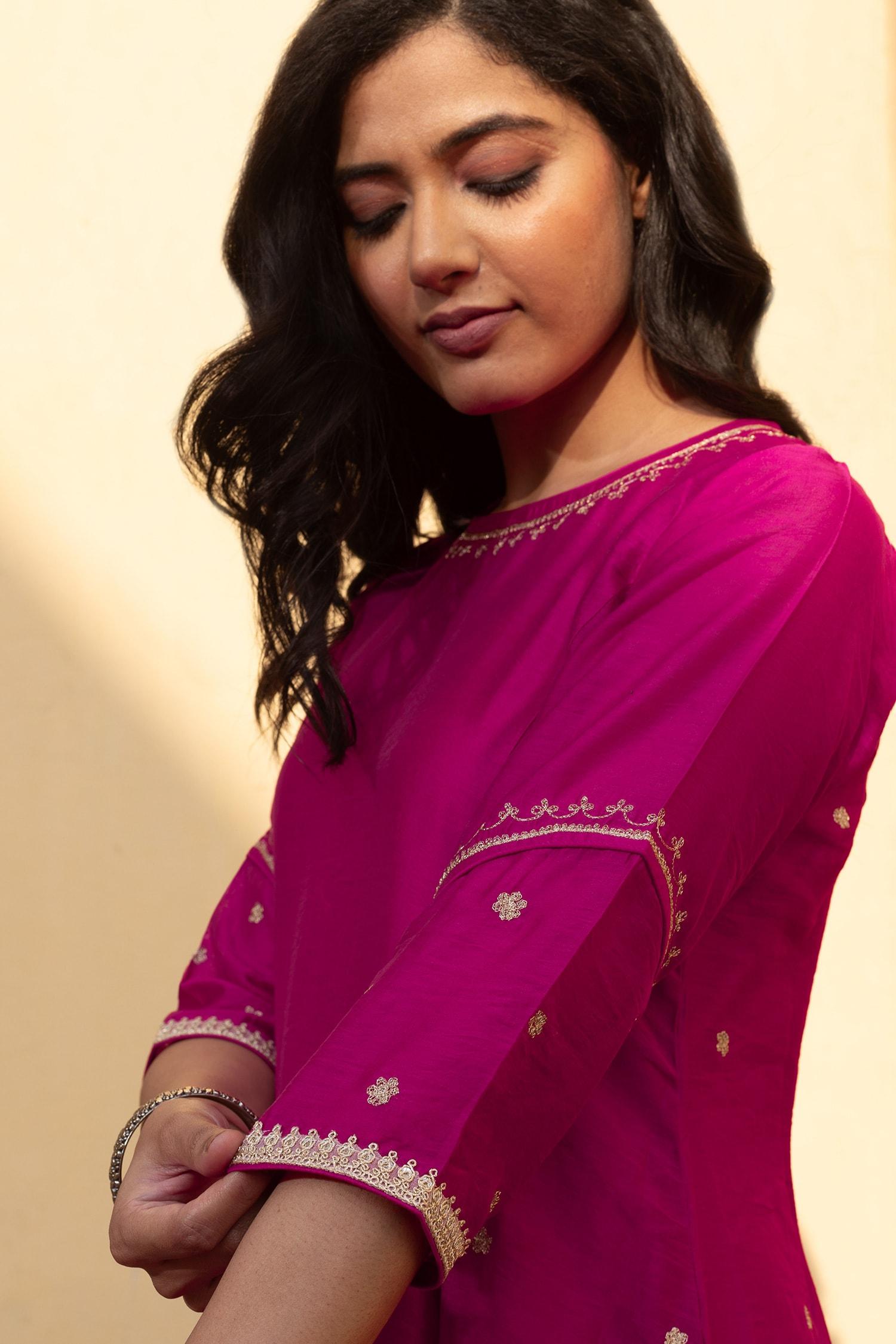 Fuchsia Chanderi, Muslin Embroidery Round Neck Ditsy Flora Anarkali Set - Designer Kurta Set