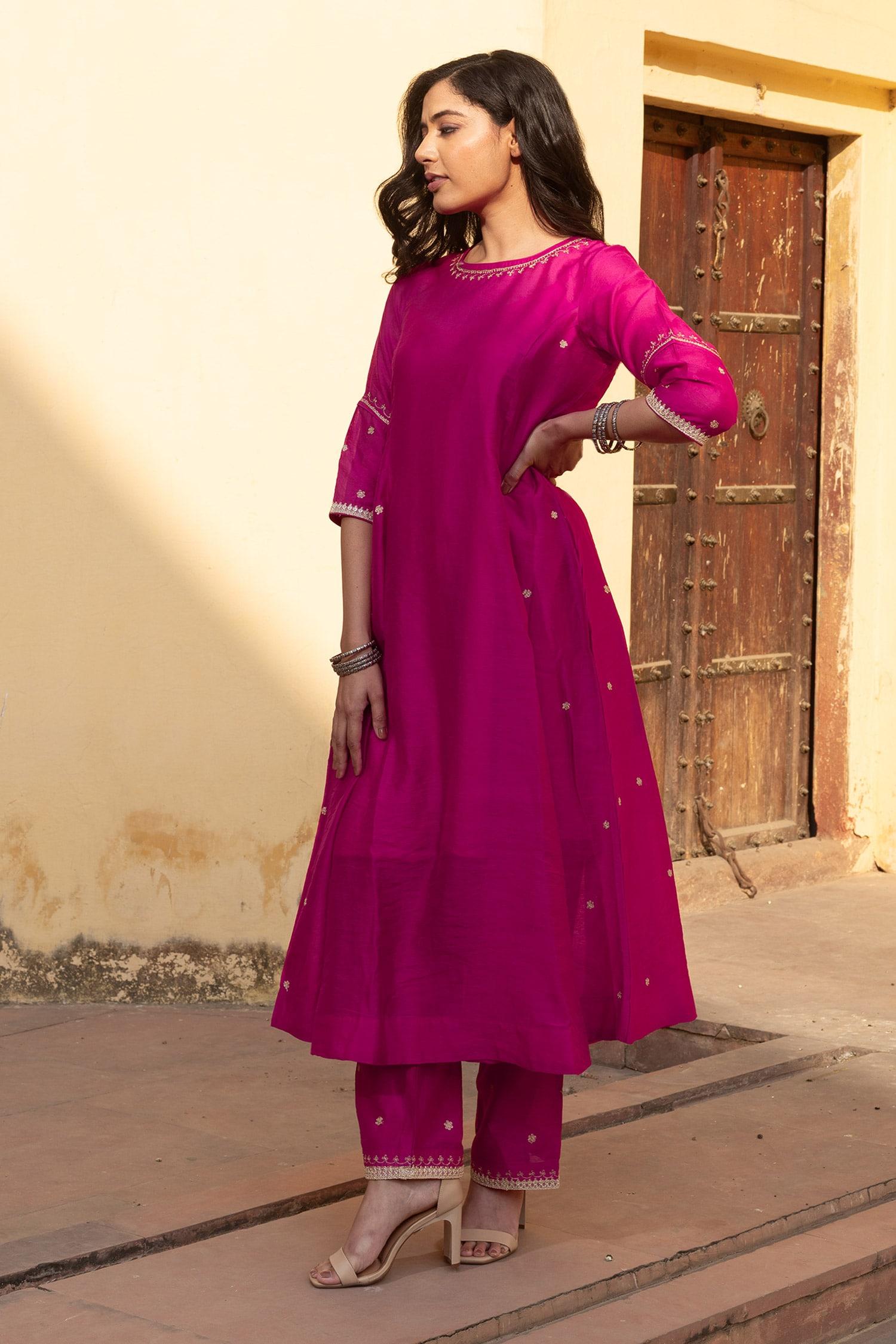 Fuchsia Chanderi, Muslin Embroidery Round Neck Ditsy Flora Anarkali Set - Designer Kurta Set