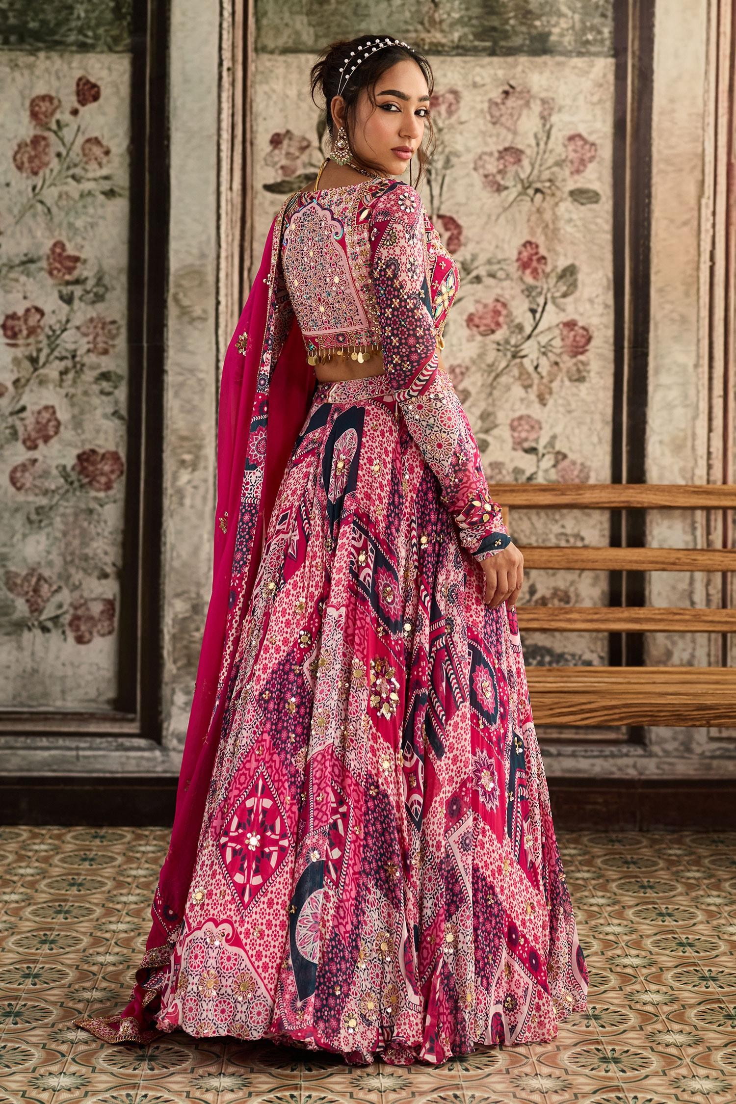 Fuchsia Crepe, Georgette, Organza Sequins, Beads, Fuschia Printed Lehenga Set - Designer Kurta Set