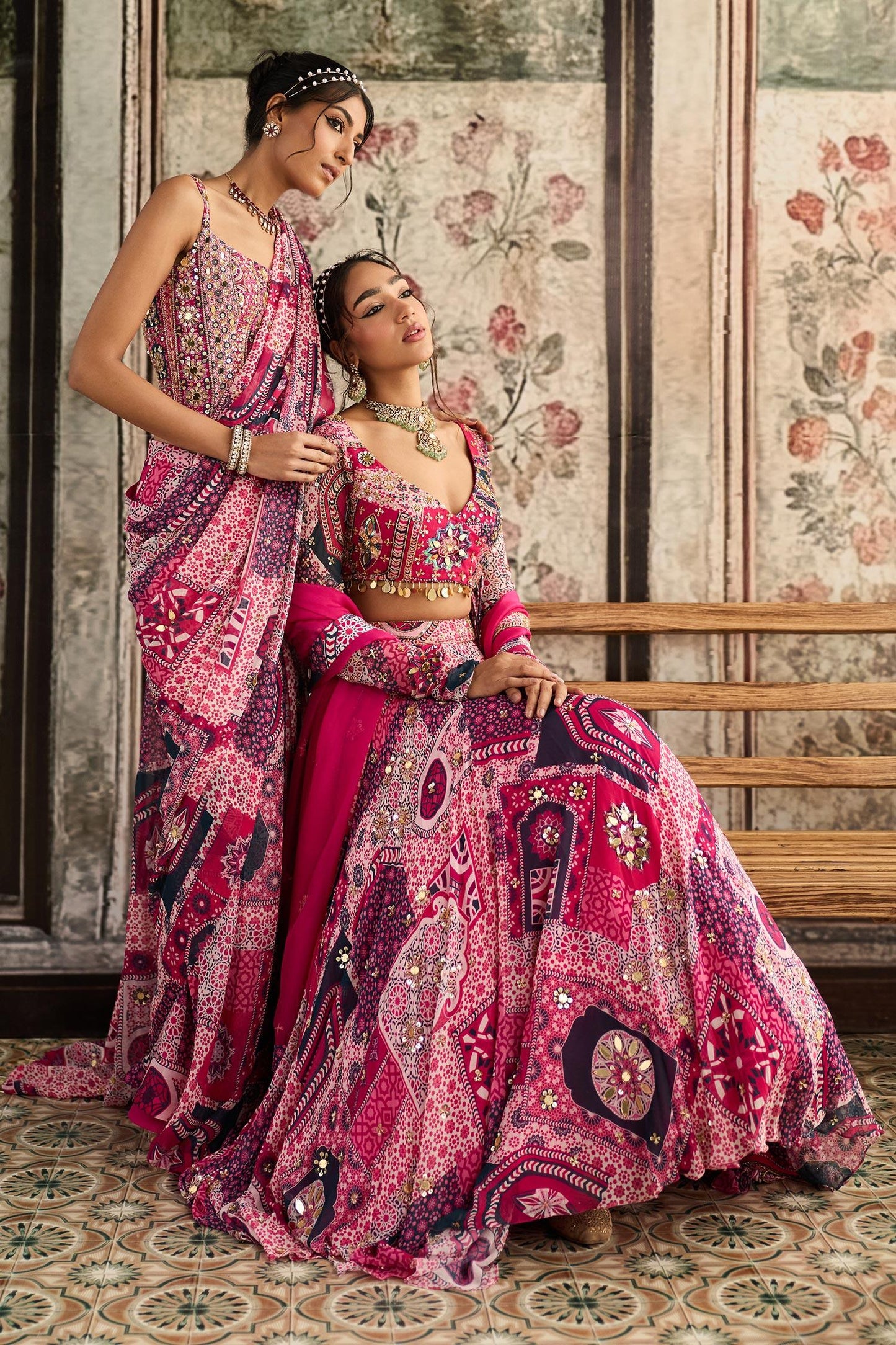 Fuchsia Crepe, Georgette, Organza Sequins, Beads, Fuschia Printed Lehenga Set - Designer Kurta Set