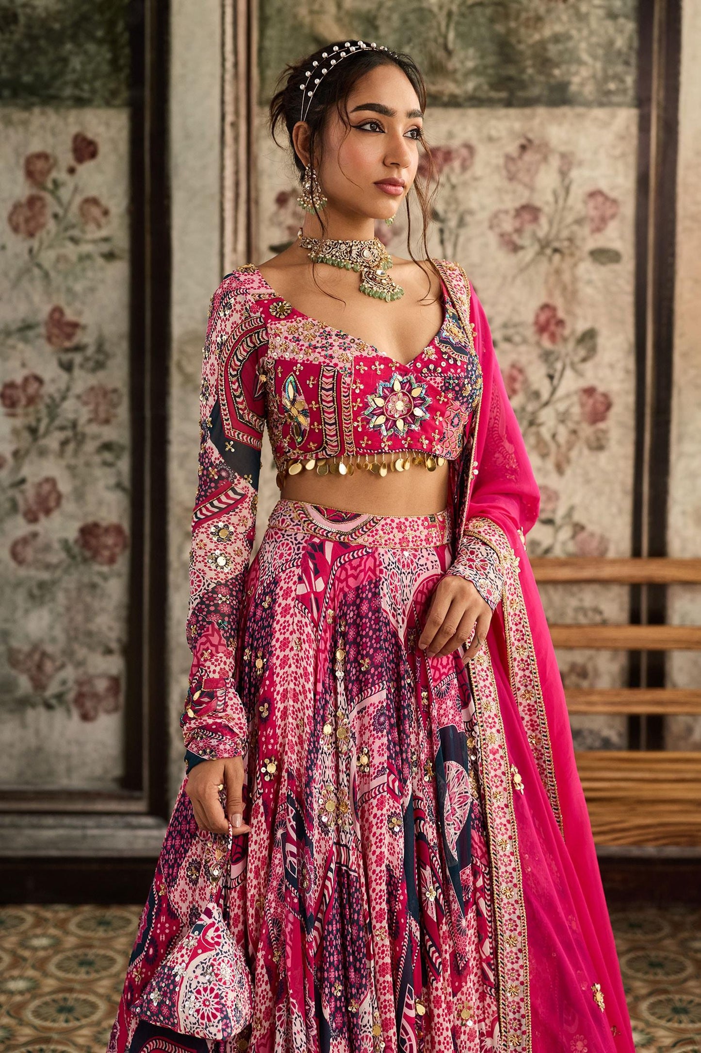 Fuchsia Crepe, Georgette, Organza Sequins, Beads, Fuschia Printed Lehenga Set - Designer Kurta Set
