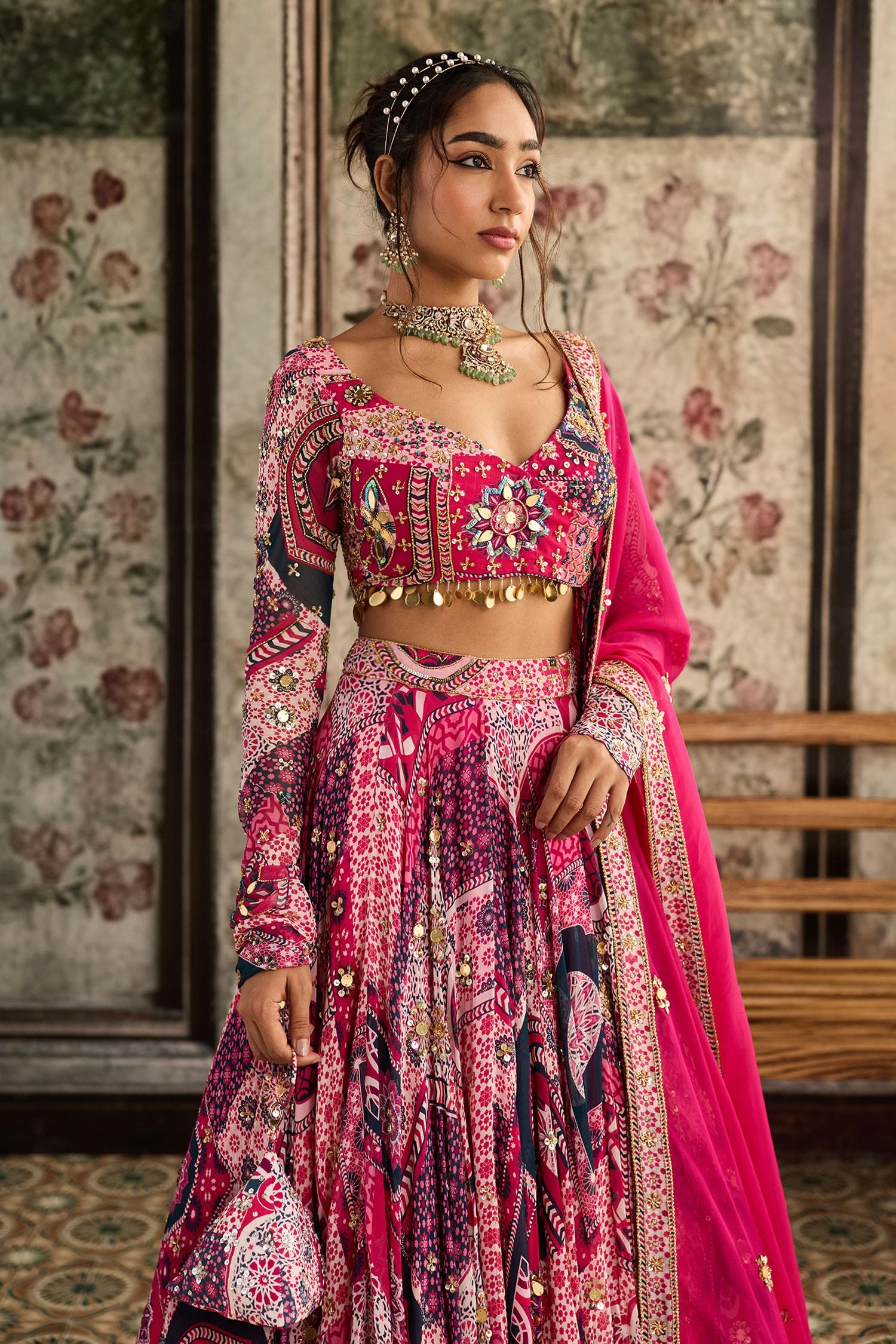 Fuchsia Crepe, Georgette, Organza Sequins, Beads, Fuschia Printed Lehenga Set - Designer Kurta Set